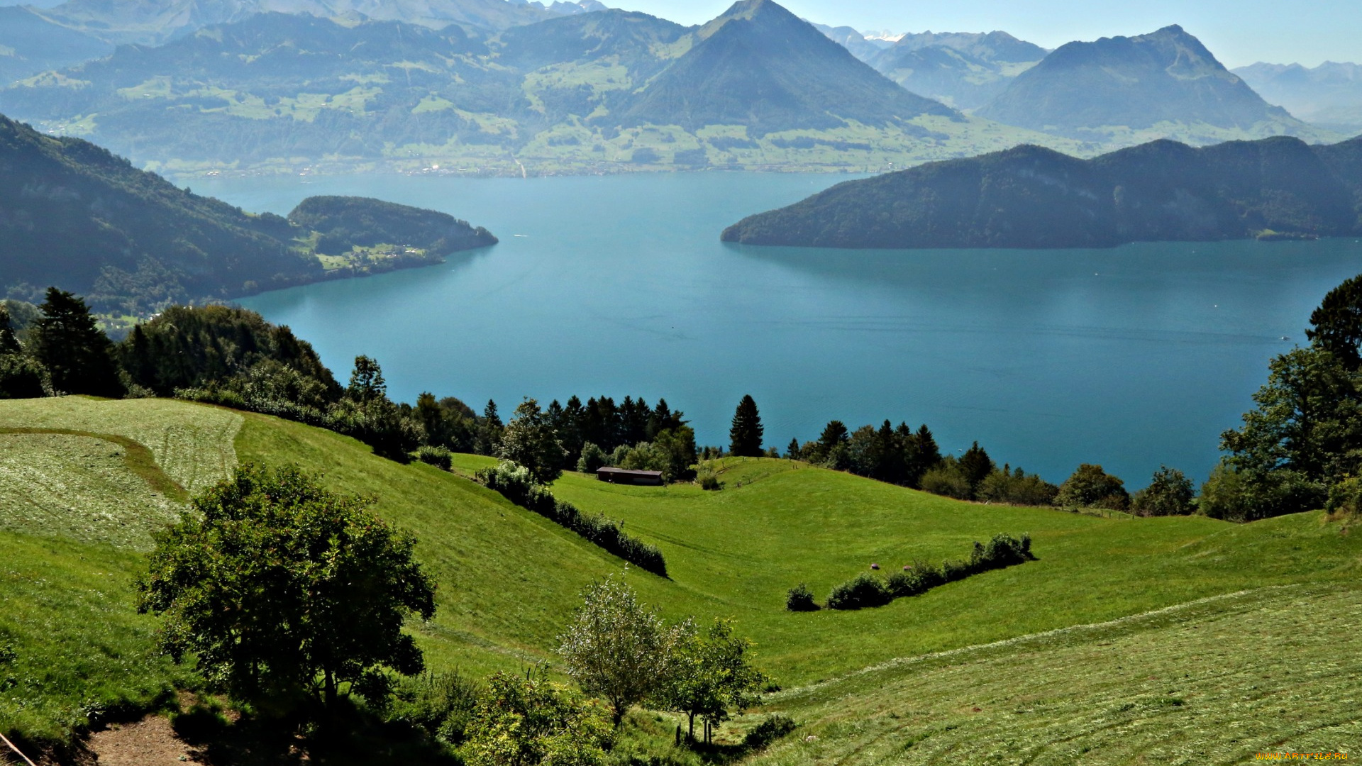 природа, реки, озера, lake, lucerne, озеро, луга, поля, горы, швейцария