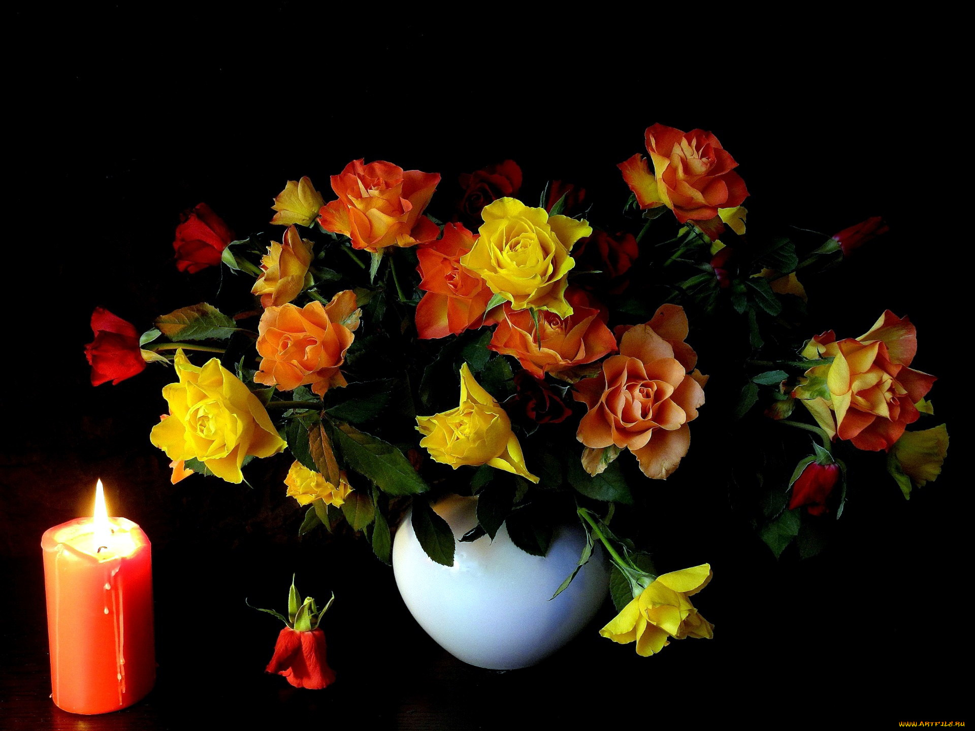цветы, розы, букет, свеча, бутоны