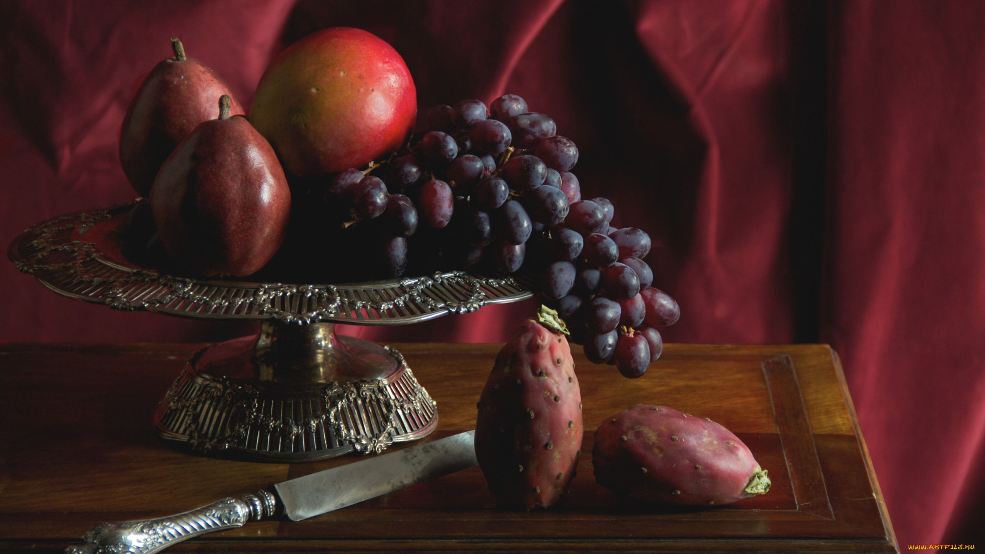 еда, натюрморт, виноград, нож, опунция, груши