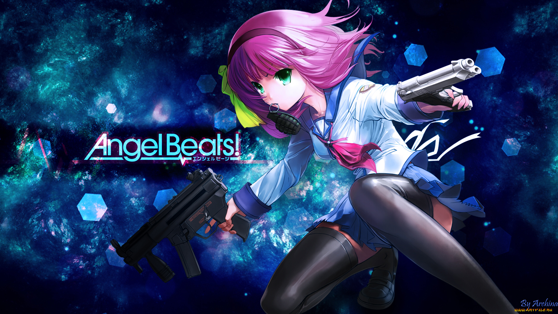 аниме, angel, beats, взгляд, фон, девушка, оружие