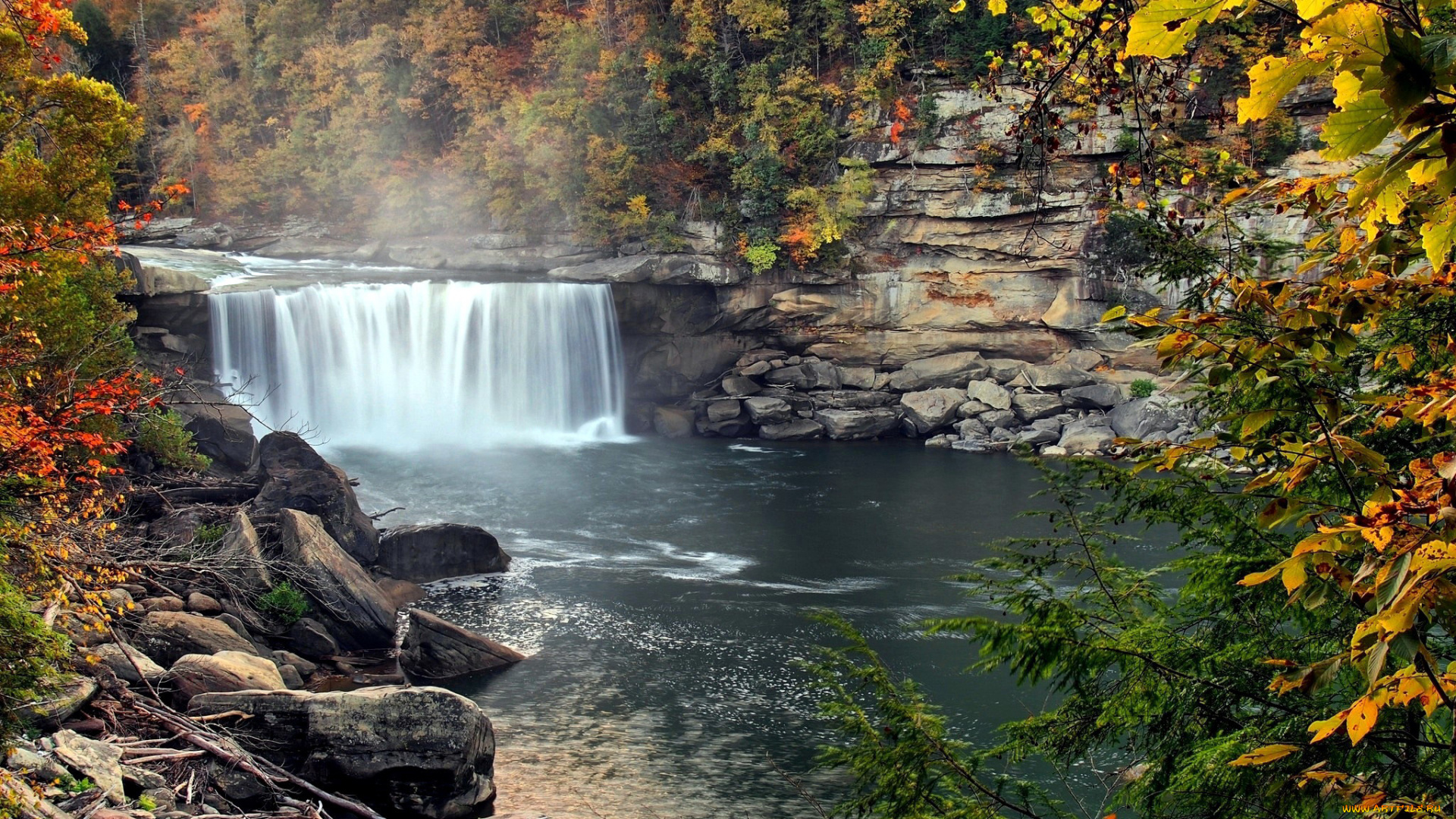 природа, водопады, вода, камни, осень