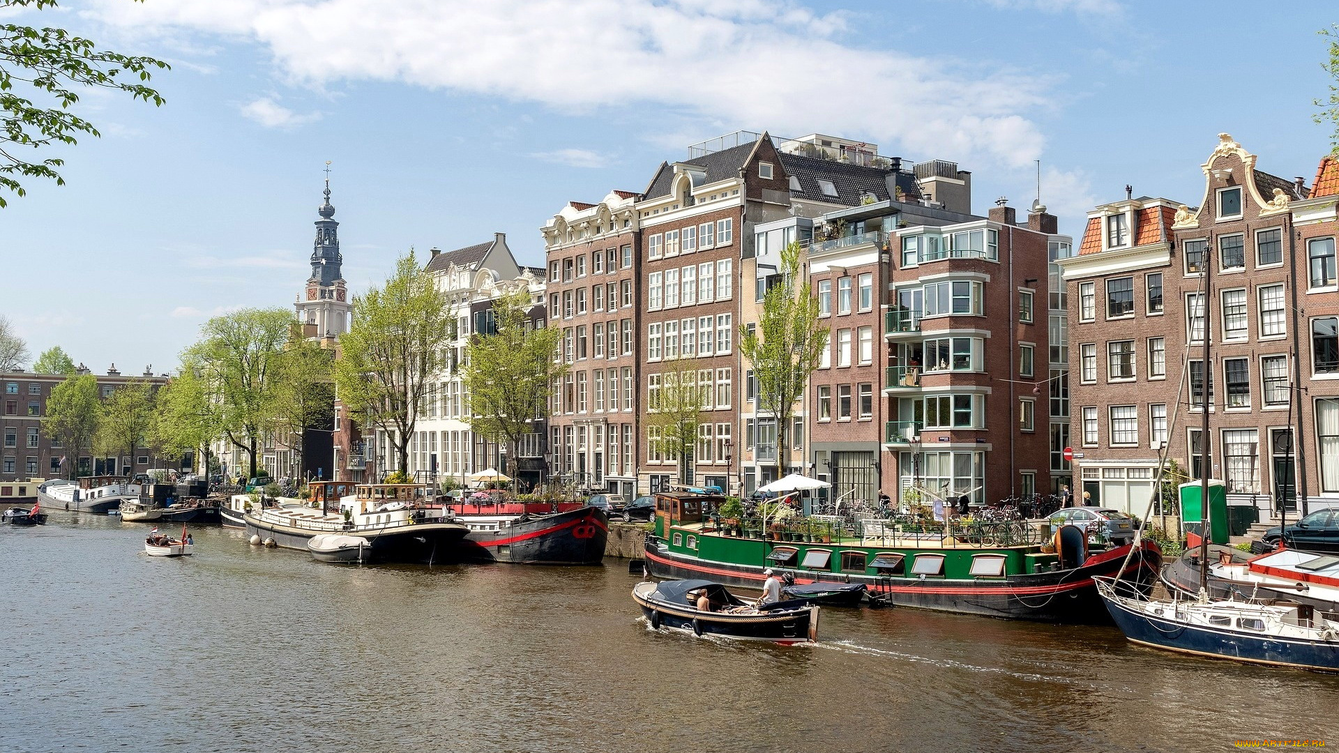 города, амстердам, , нидерланды, лодки, канал