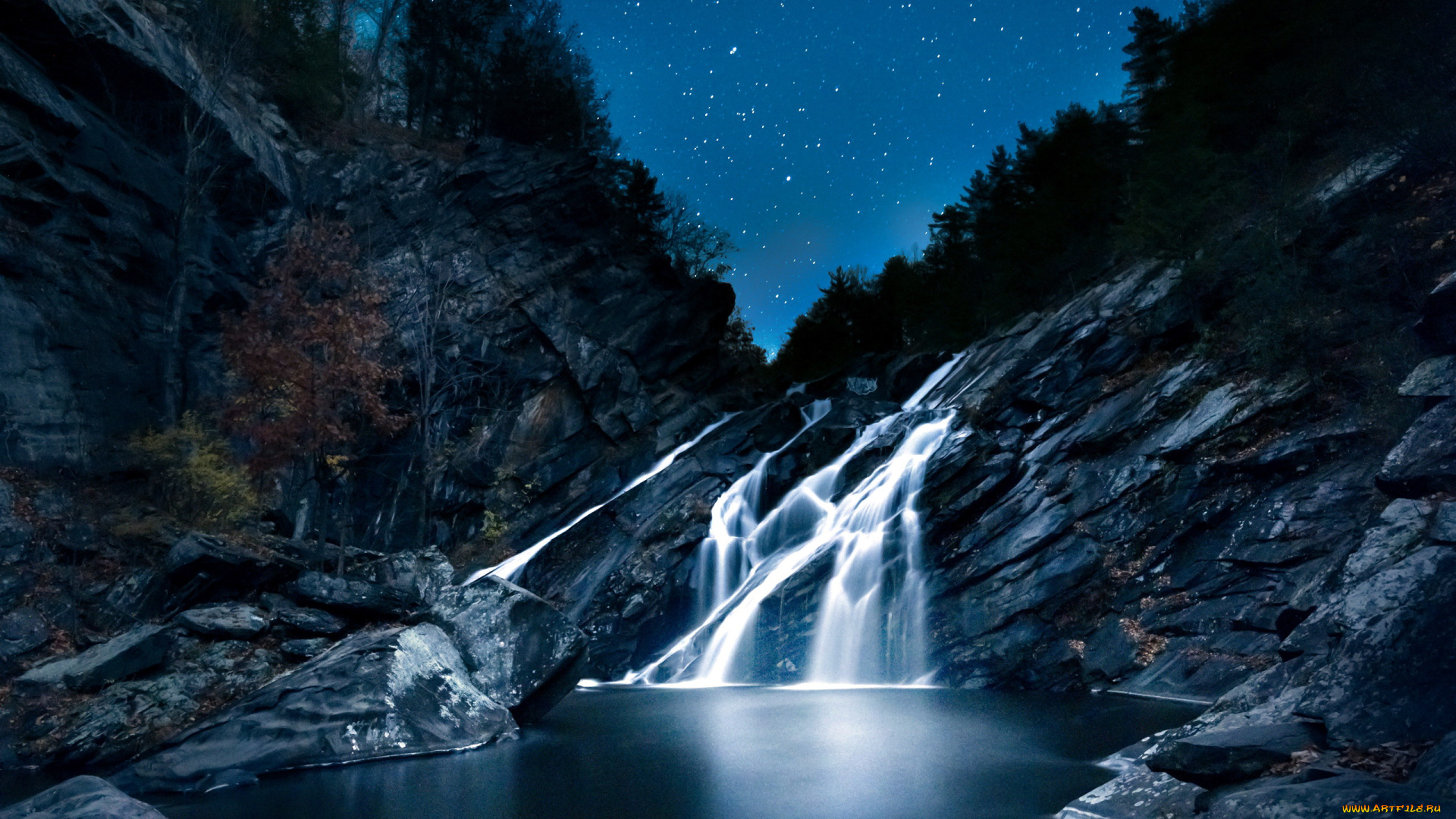 природа, водопады, звезды, водопад, ночь