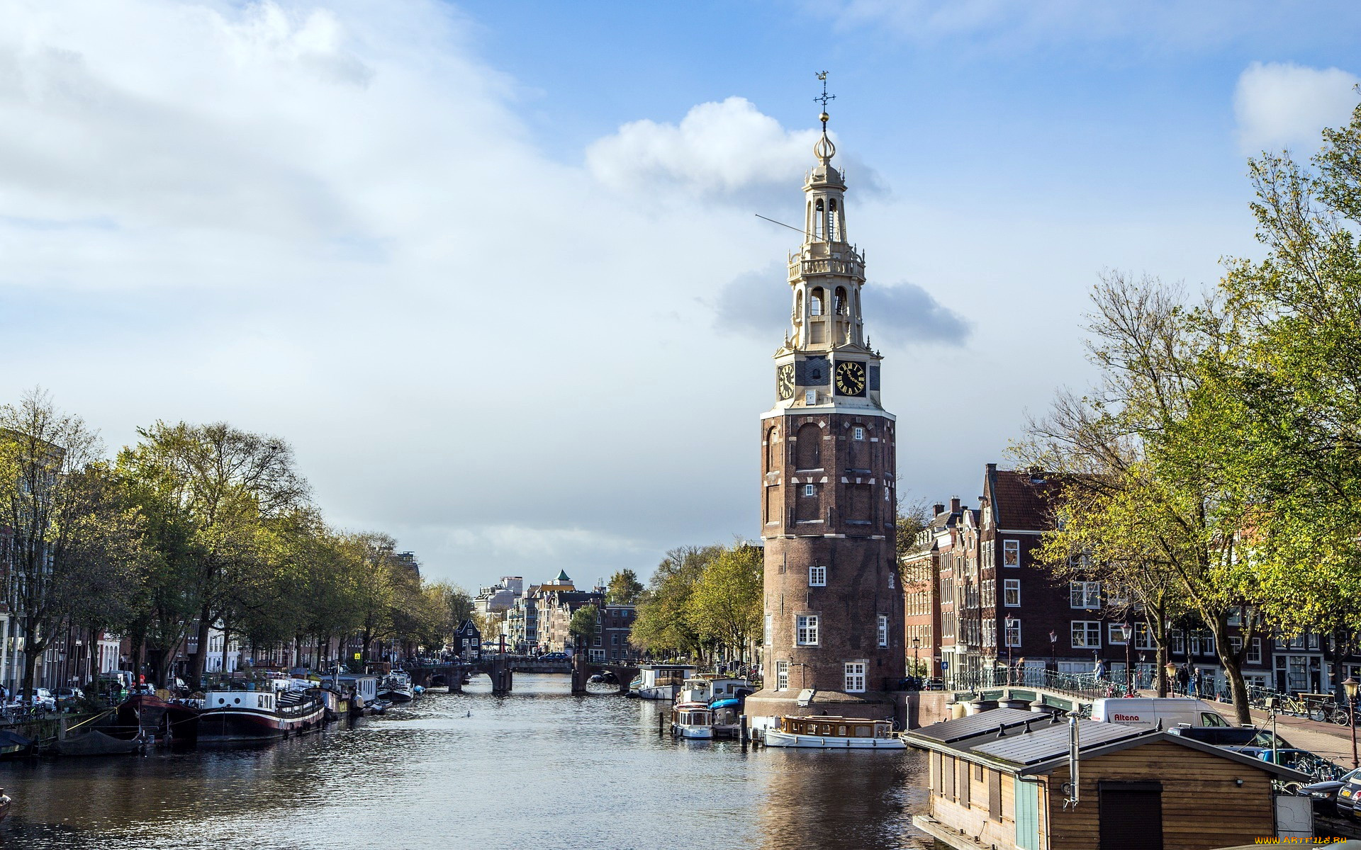 города, амстердам, , нидерланды, канал, лодки, башня