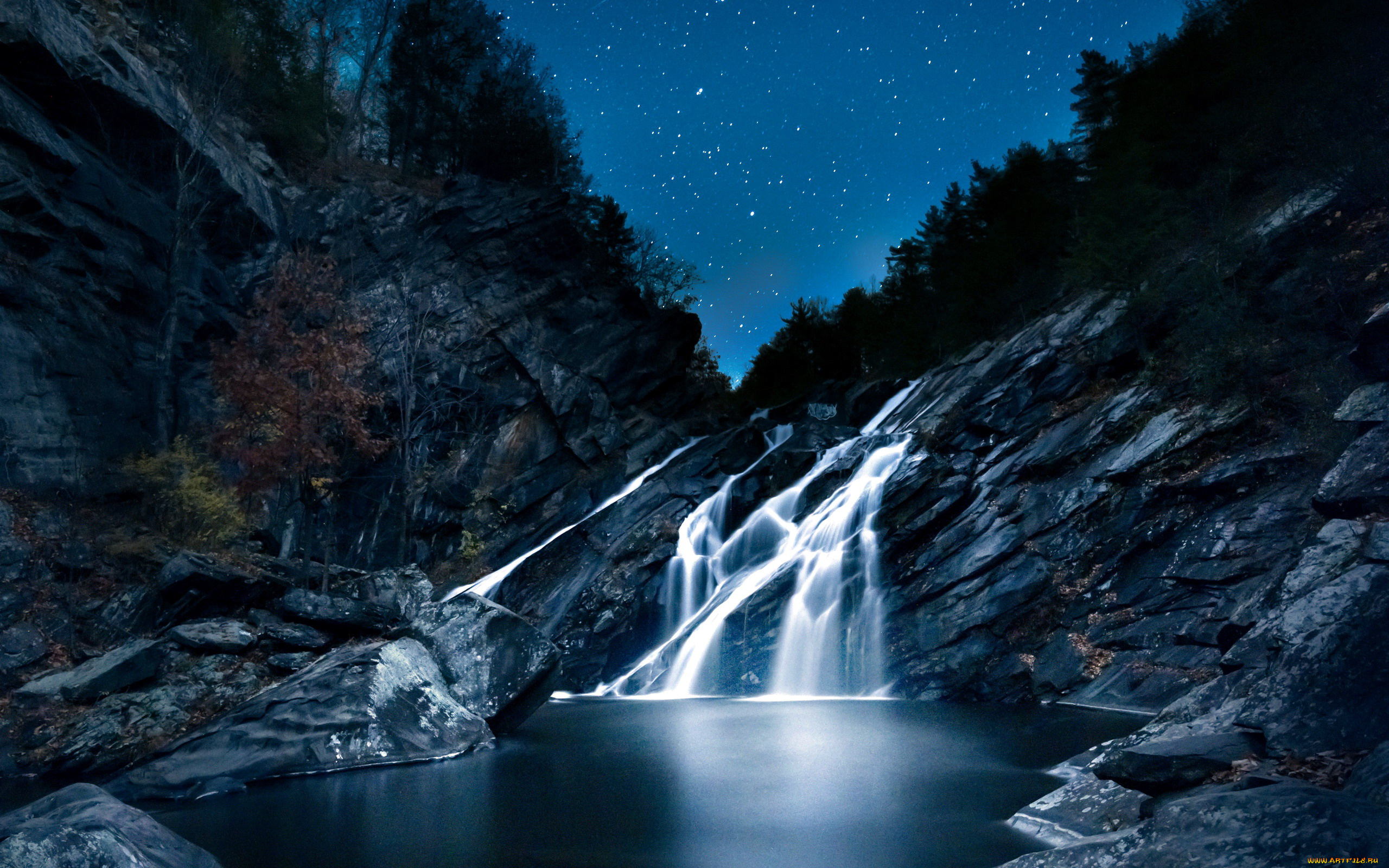 природа, водопады, звезды, водопад, ночь