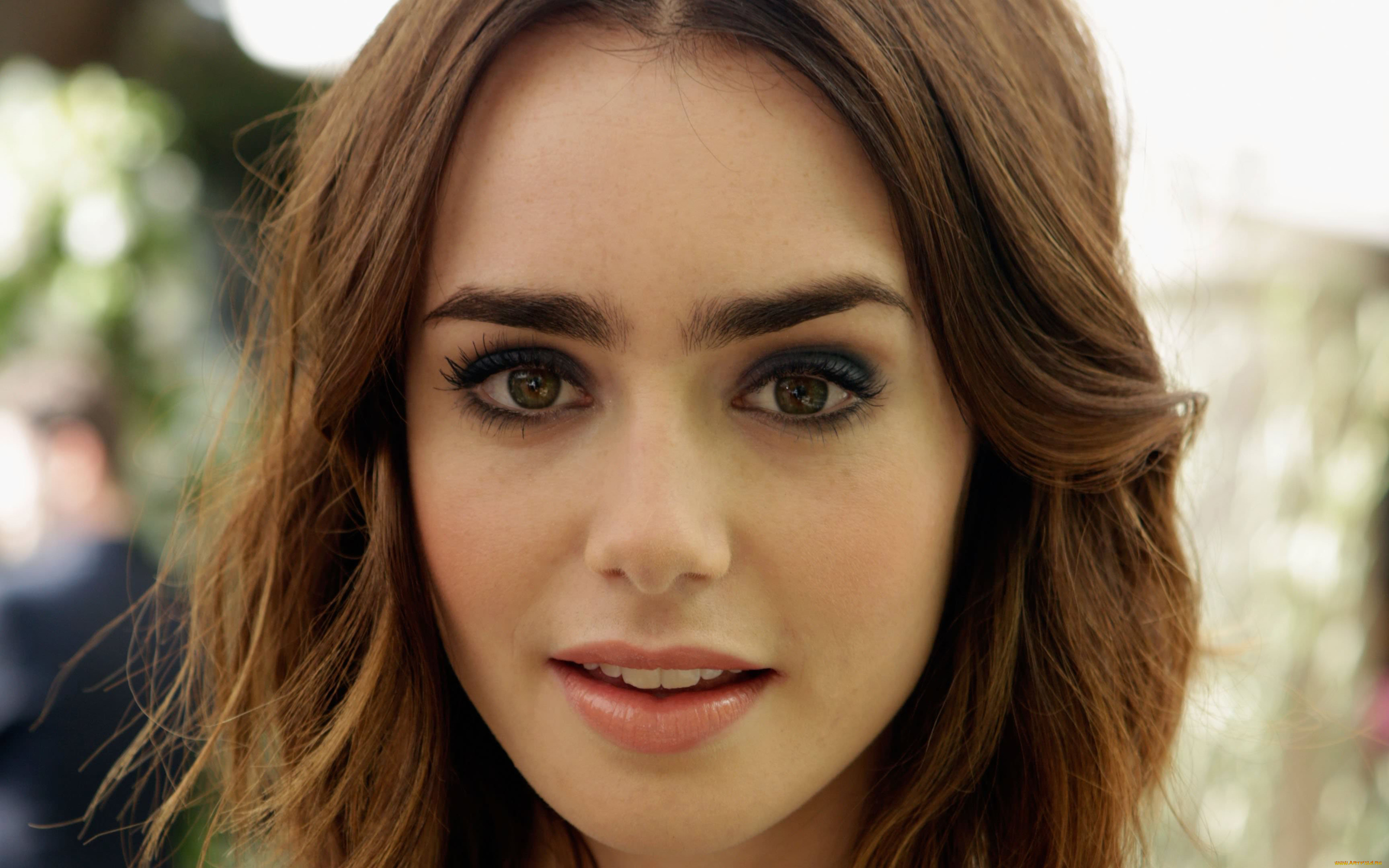 девушки, lily, collins, лицо, актриса, улыбка