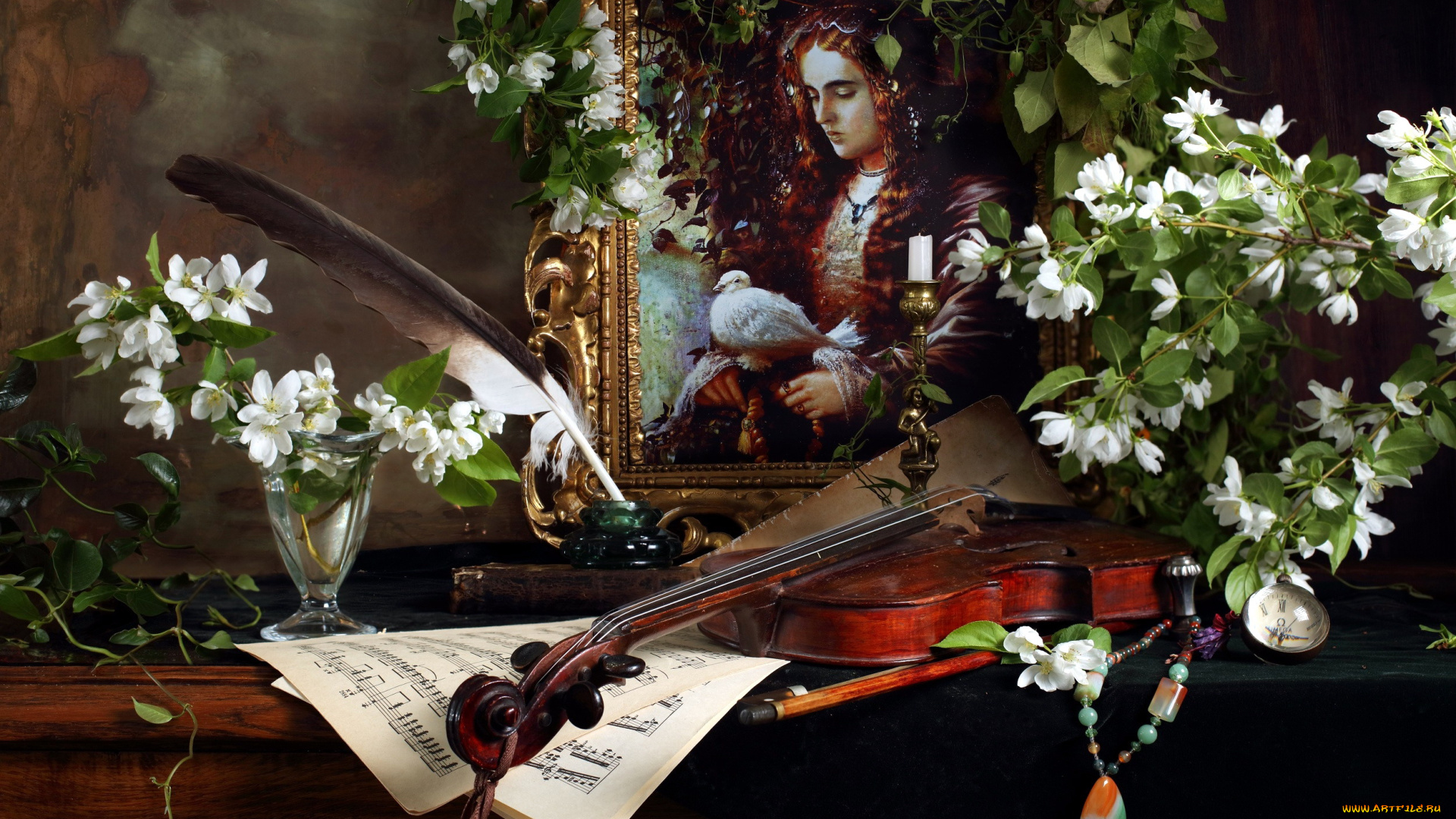 музыка, -музыкальные, инструменты, портрет, перо, ноты, скрипка, жасмин
