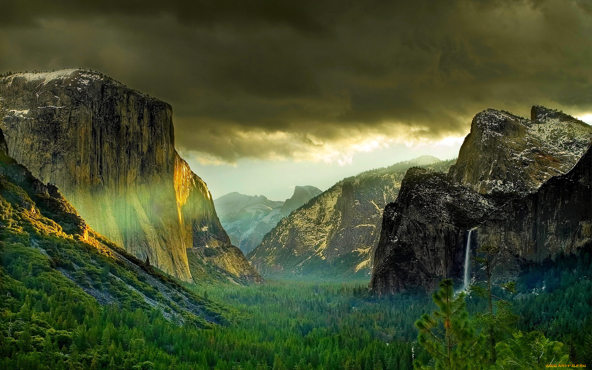 природа, горы, yosemite, national, park, лес, тучи