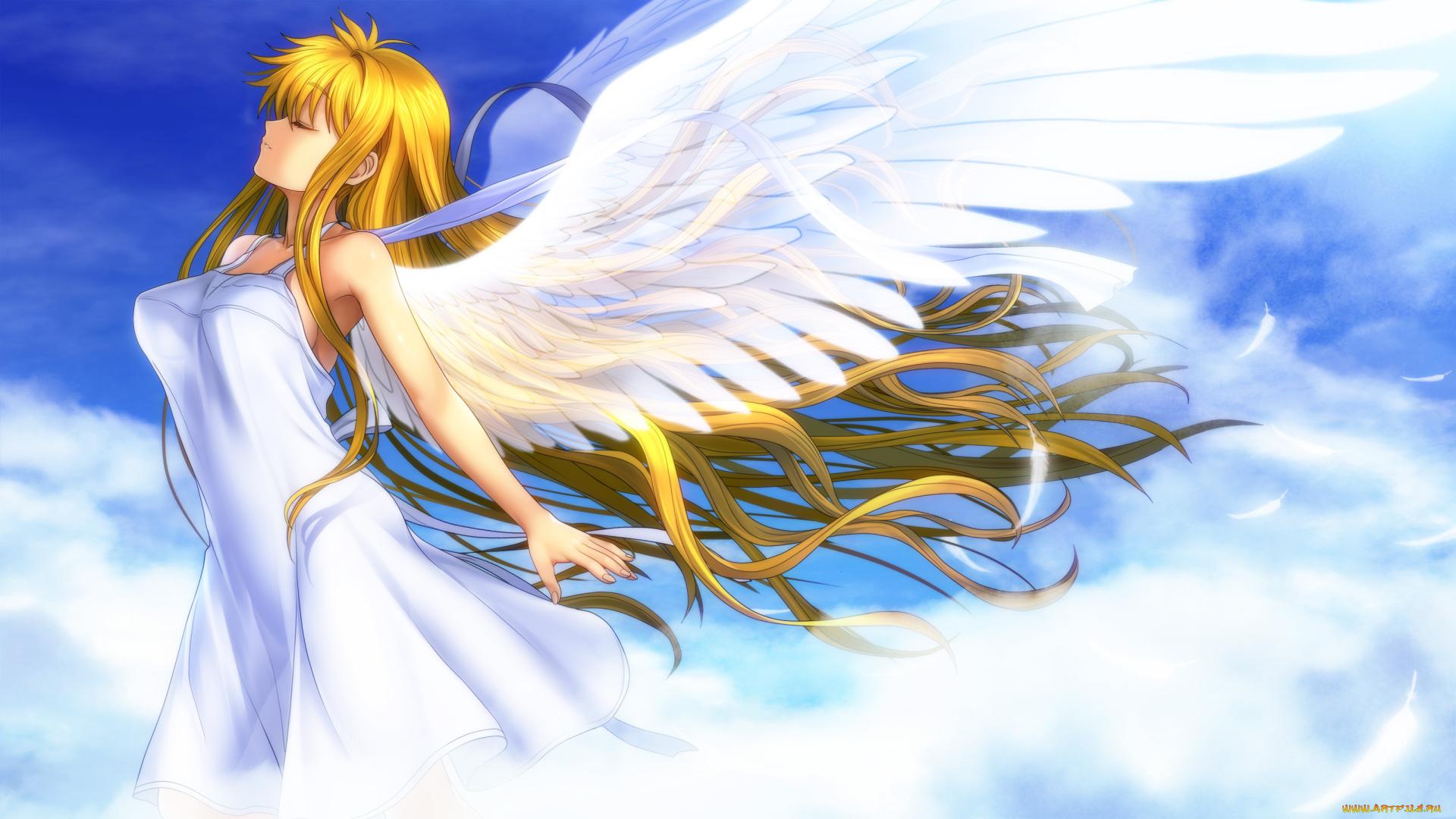 аниме, -angels, &, demons, облака, крылья, перья, ангел, блондинка, небо, девушка