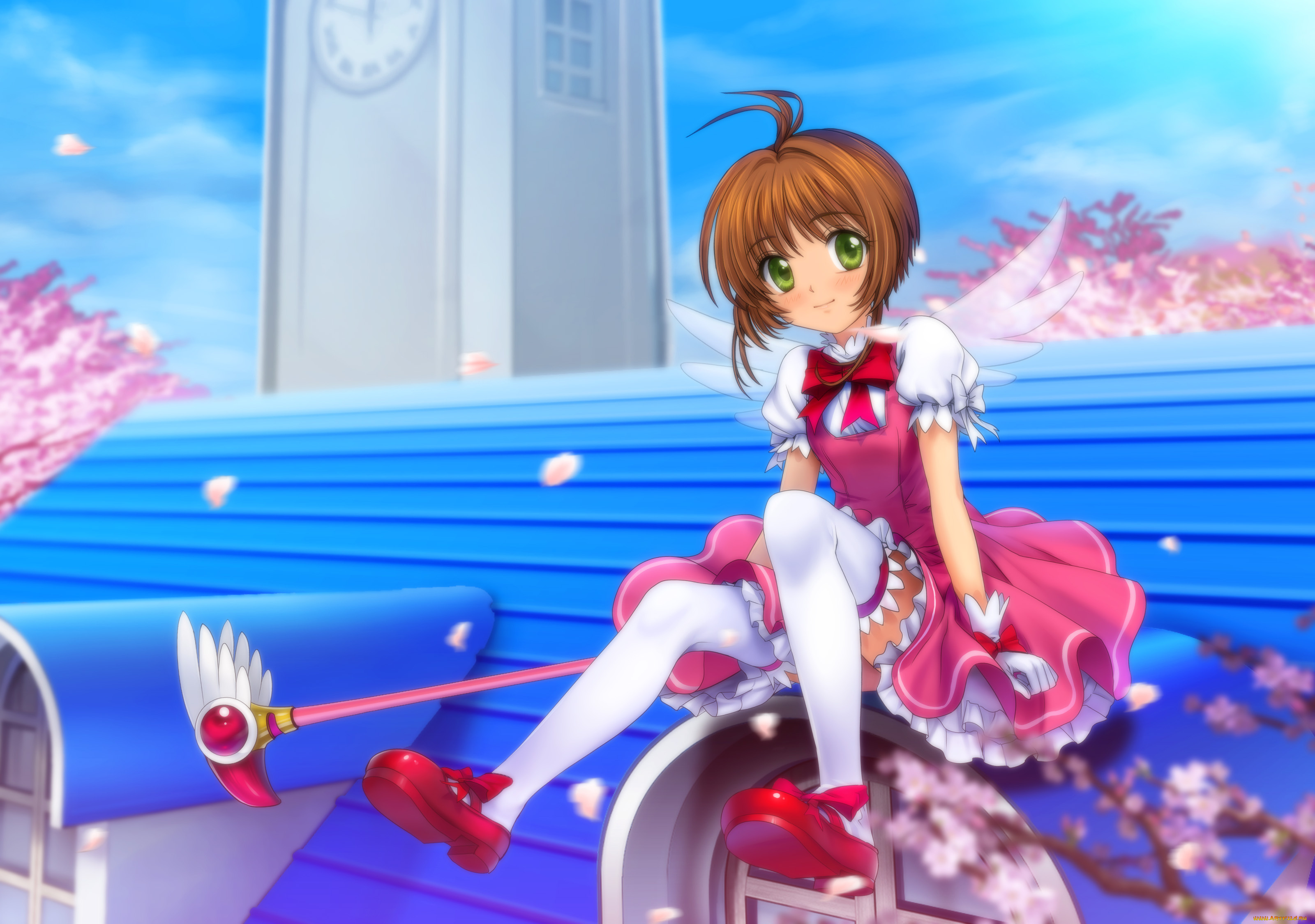 аниме, card, captor, sakura, сидит, крылья, девочка, крыша