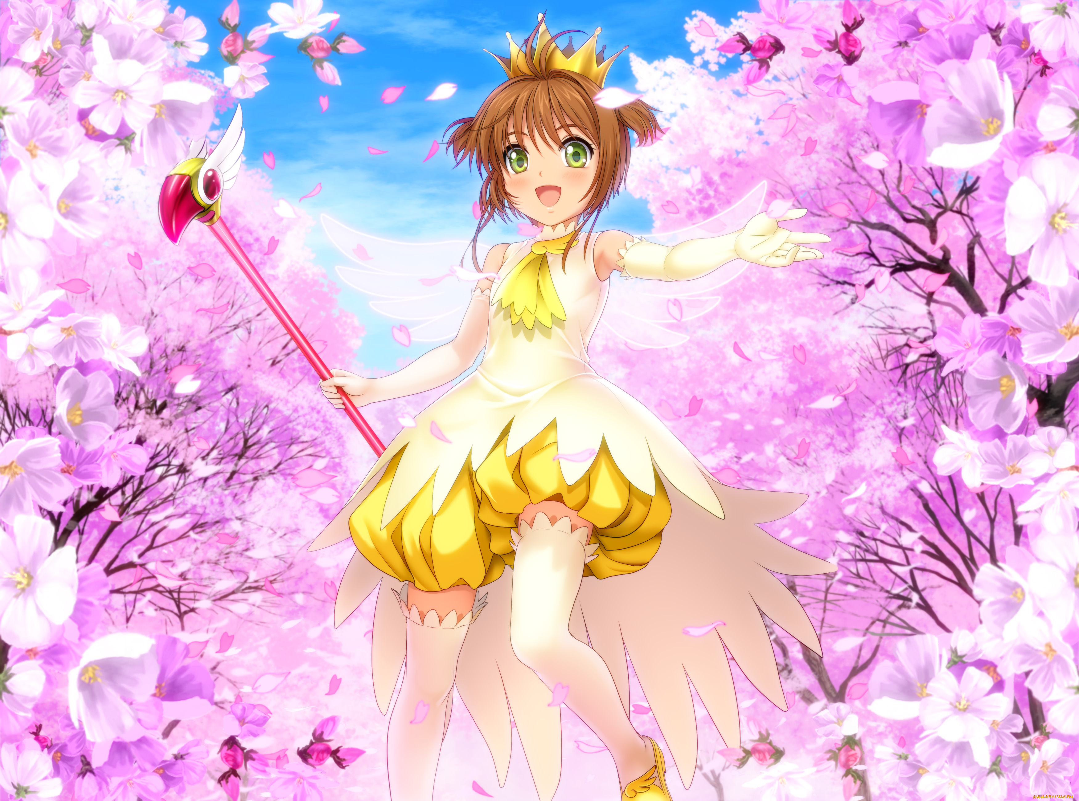 аниме, card, captor, sakura, сакура, цветущие, деревья, лепестки, улыбка, девочка, цветы, жёлтое, платье