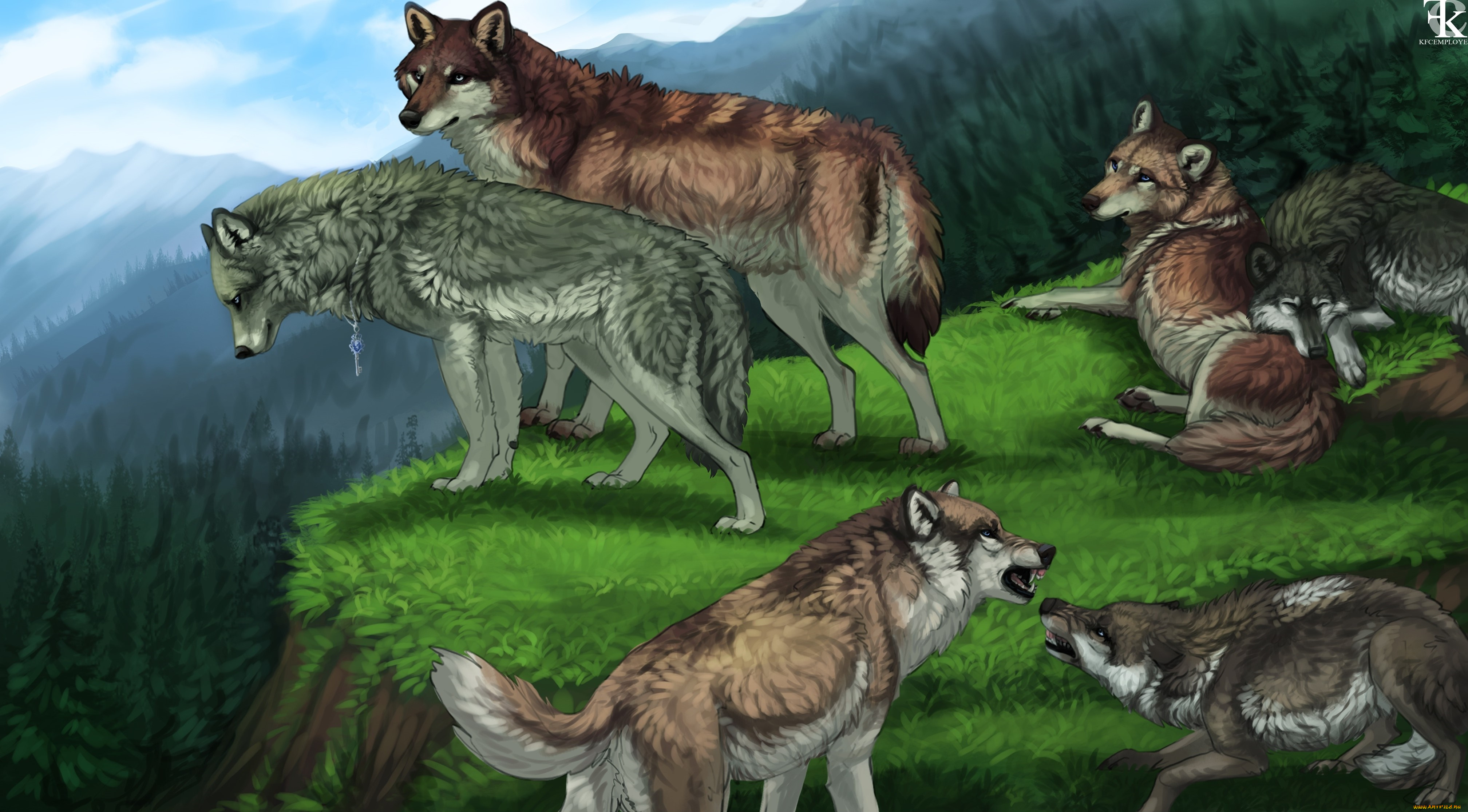 рисованное, животные, , волки, лес, горы, волки