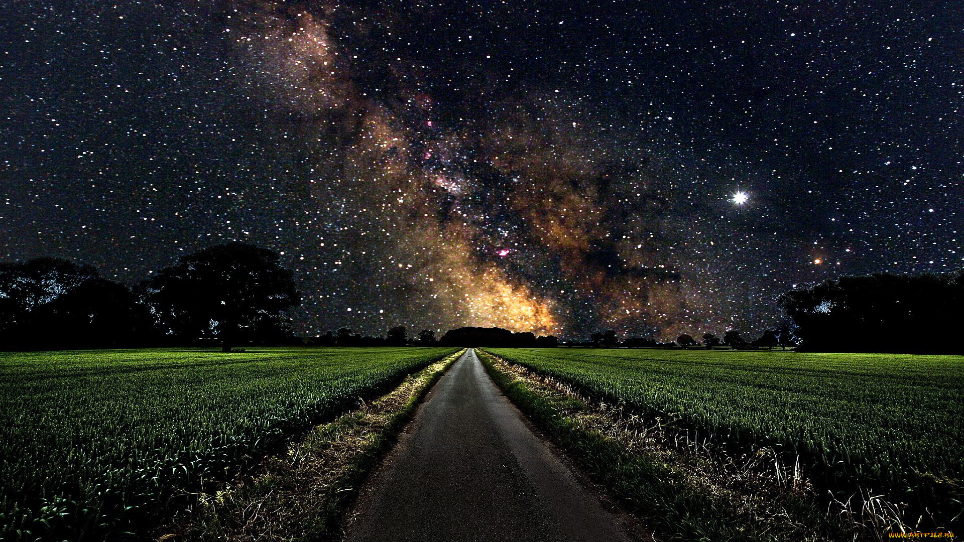природа, дороги, ночь, дорога, небо, звездное, проселочная, поле