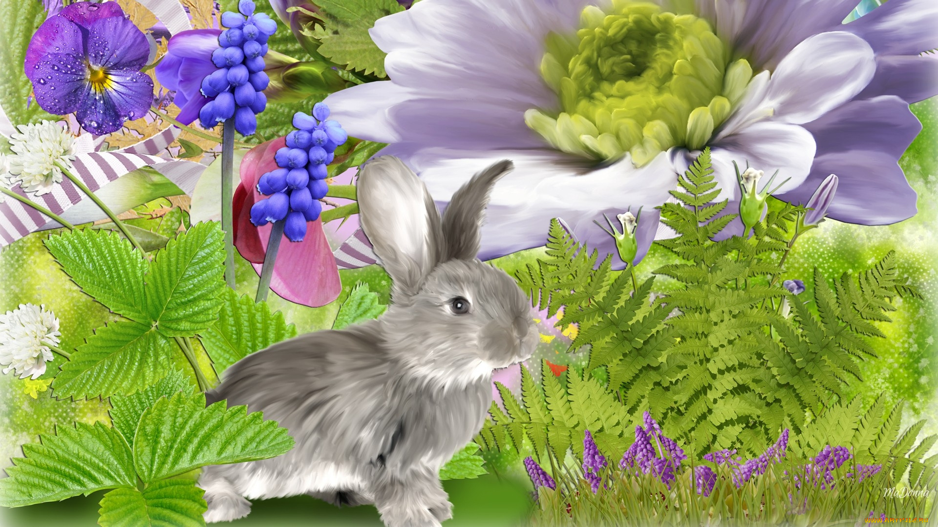 векторная, графика, животные, , animals, цветы, кролик