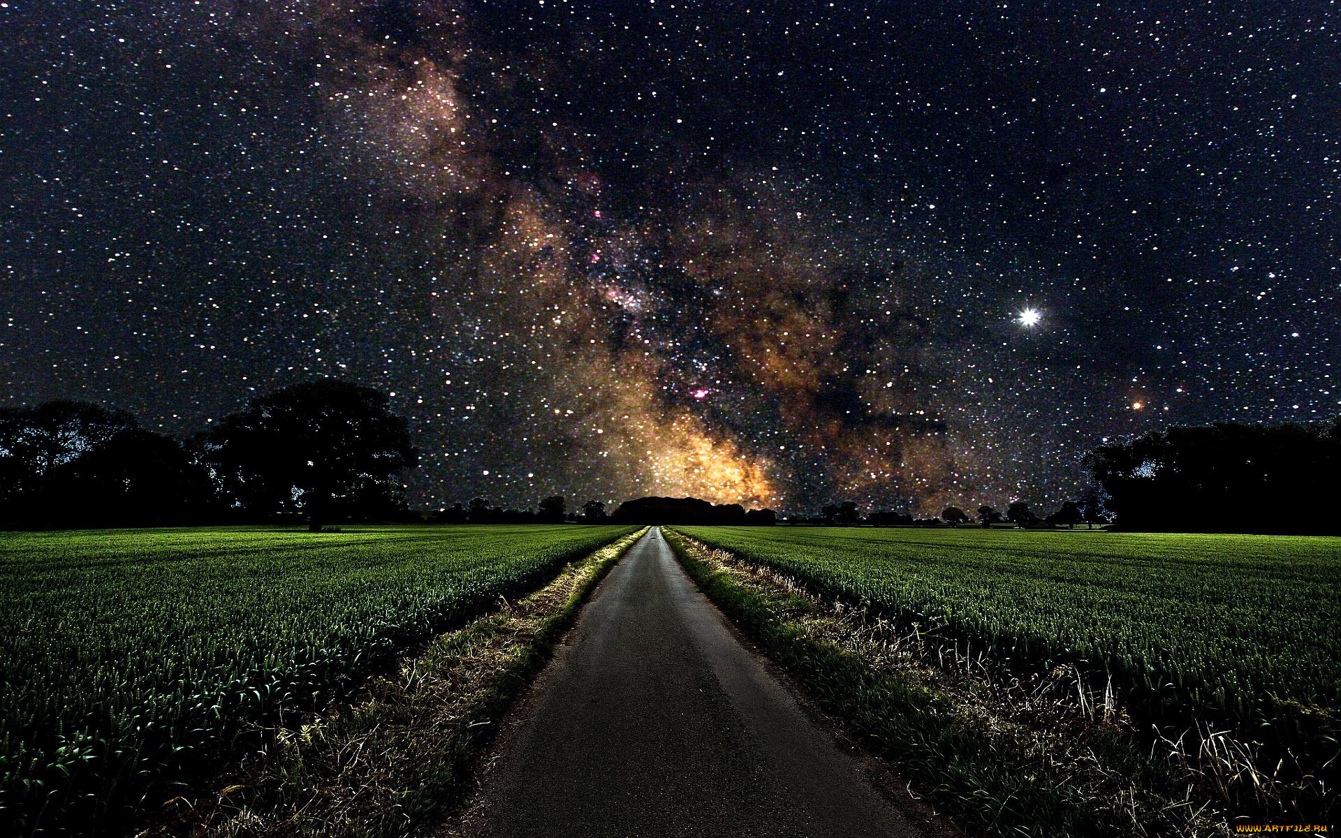 природа, дороги, ночь, дорога, небо, звездное, проселочная, поле