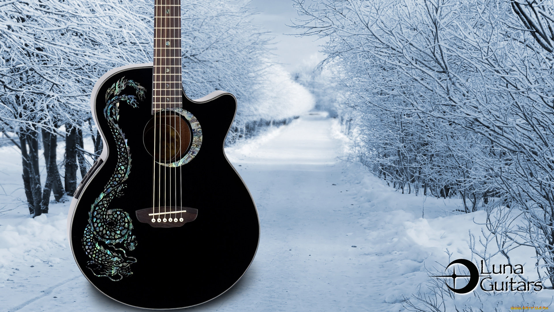 музыка, -музыкальные, инструменты, растения, дорога, зима, природа, снег, гитара