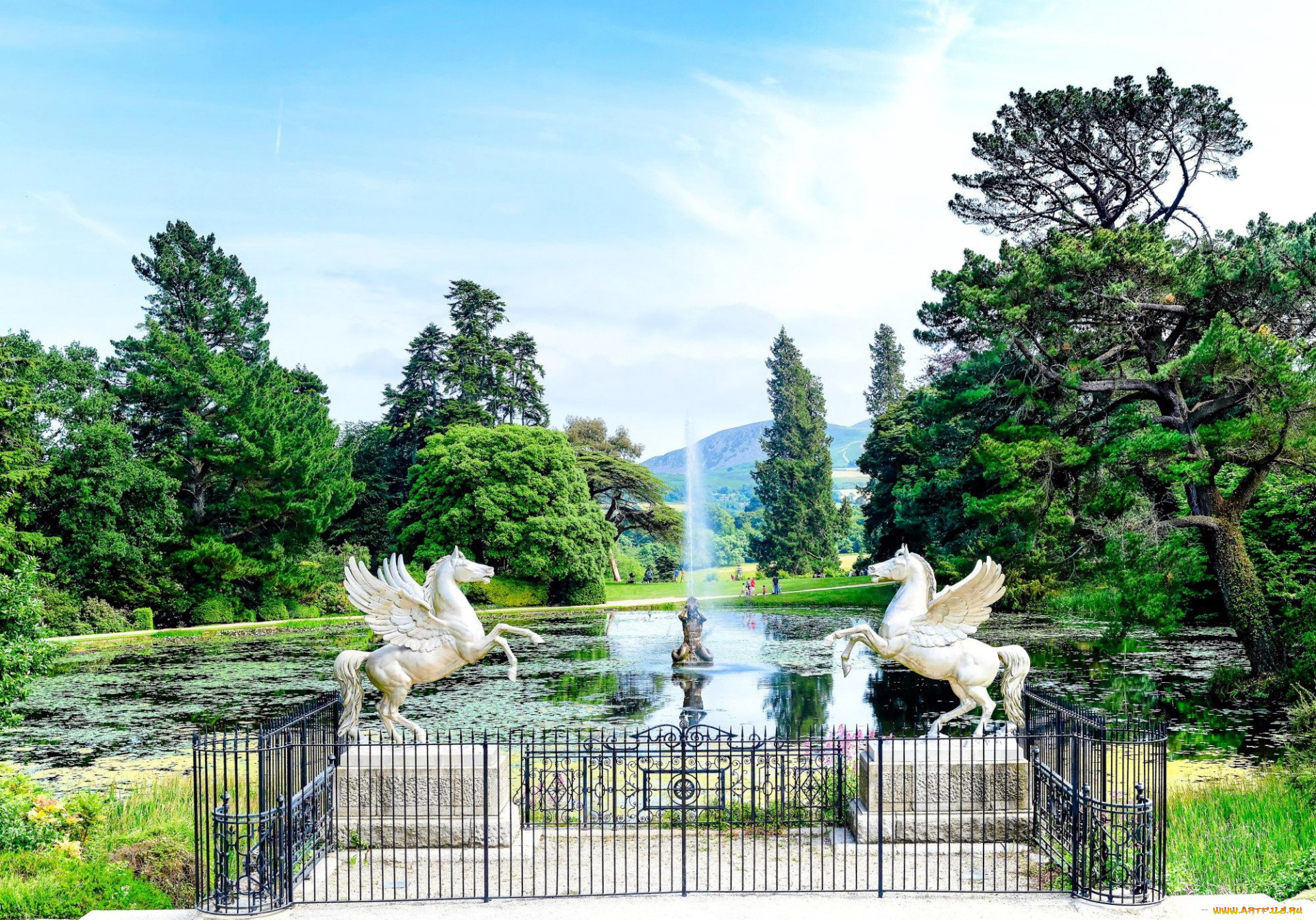 природа, парк, фонтан, пруд