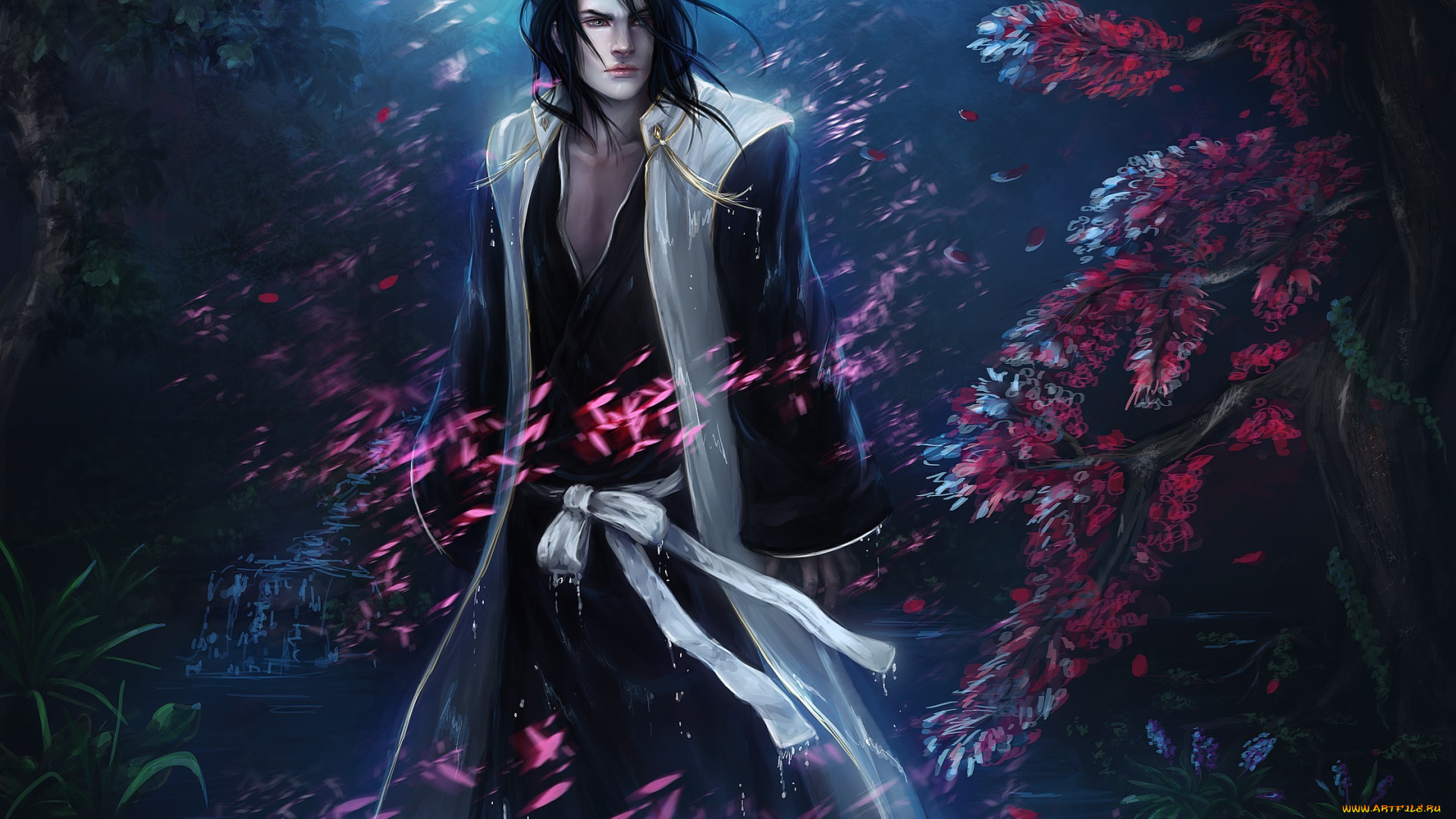 аниме, bleach, kuchiki, byakuya, арт, лепестки, парень, деревья