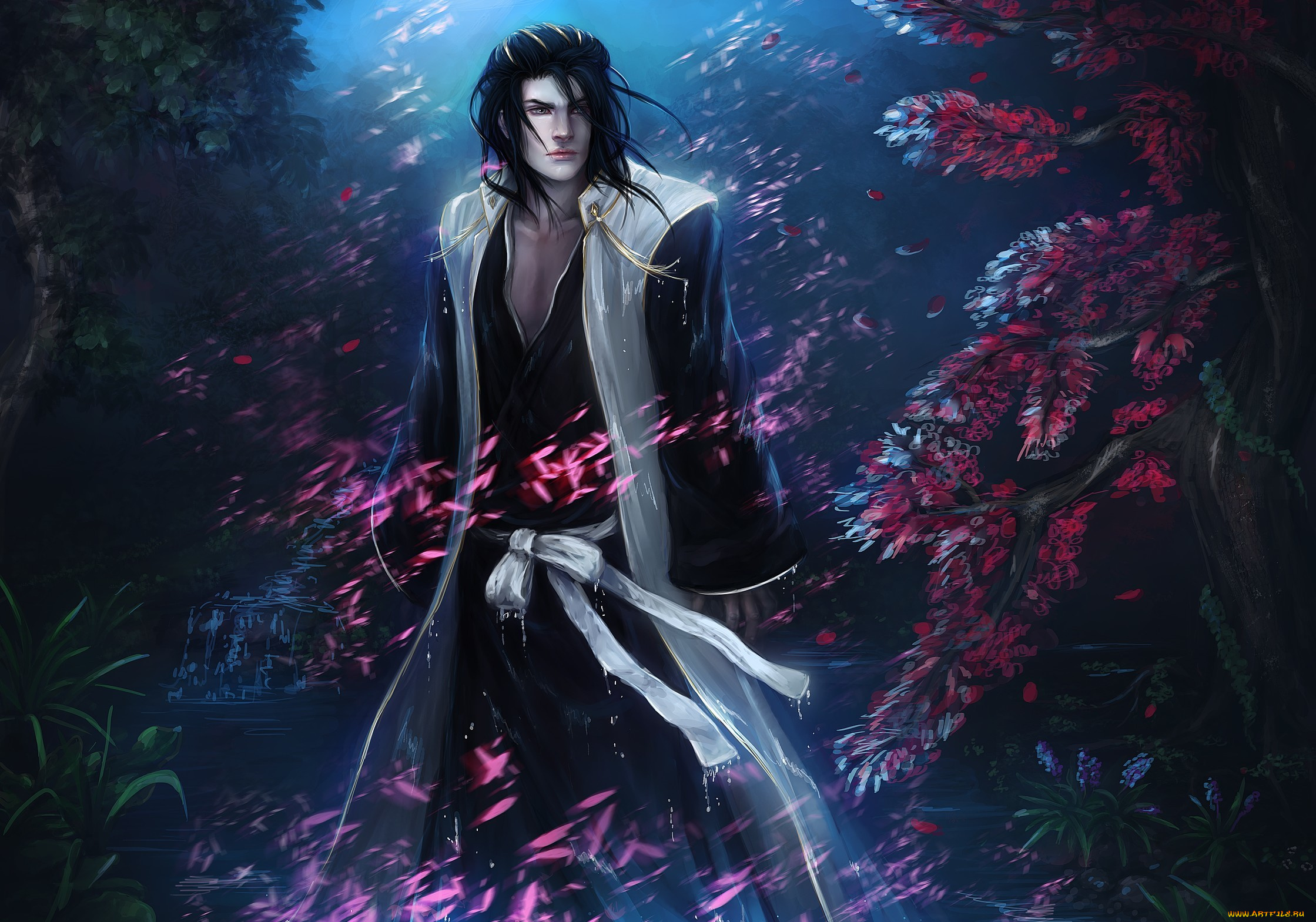 аниме, bleach, kuchiki, byakuya, арт, лепестки, парень, деревья