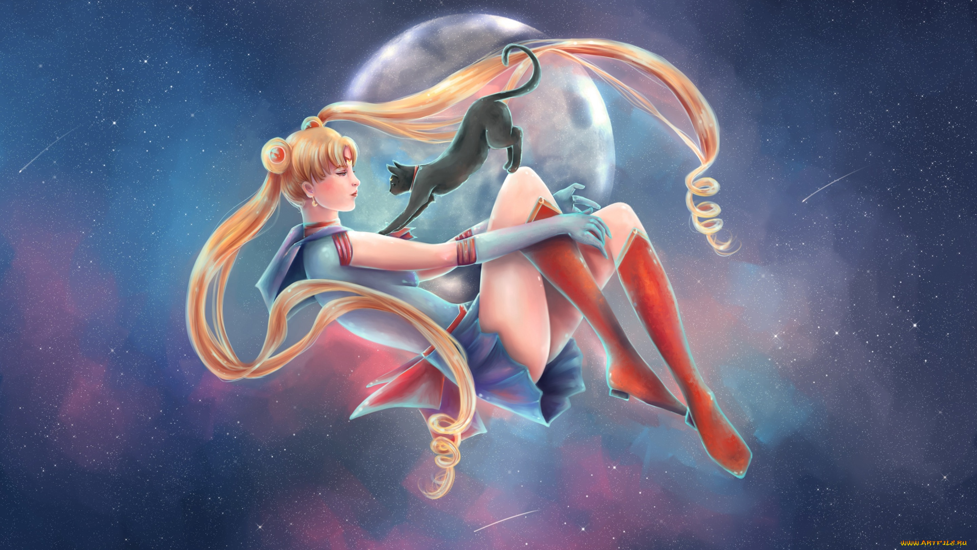 аниме, sailor, moon, звезды, кот, матроска, девушка, luna, usagi, bishoujo, senshi, sailor, moon, арт, луна