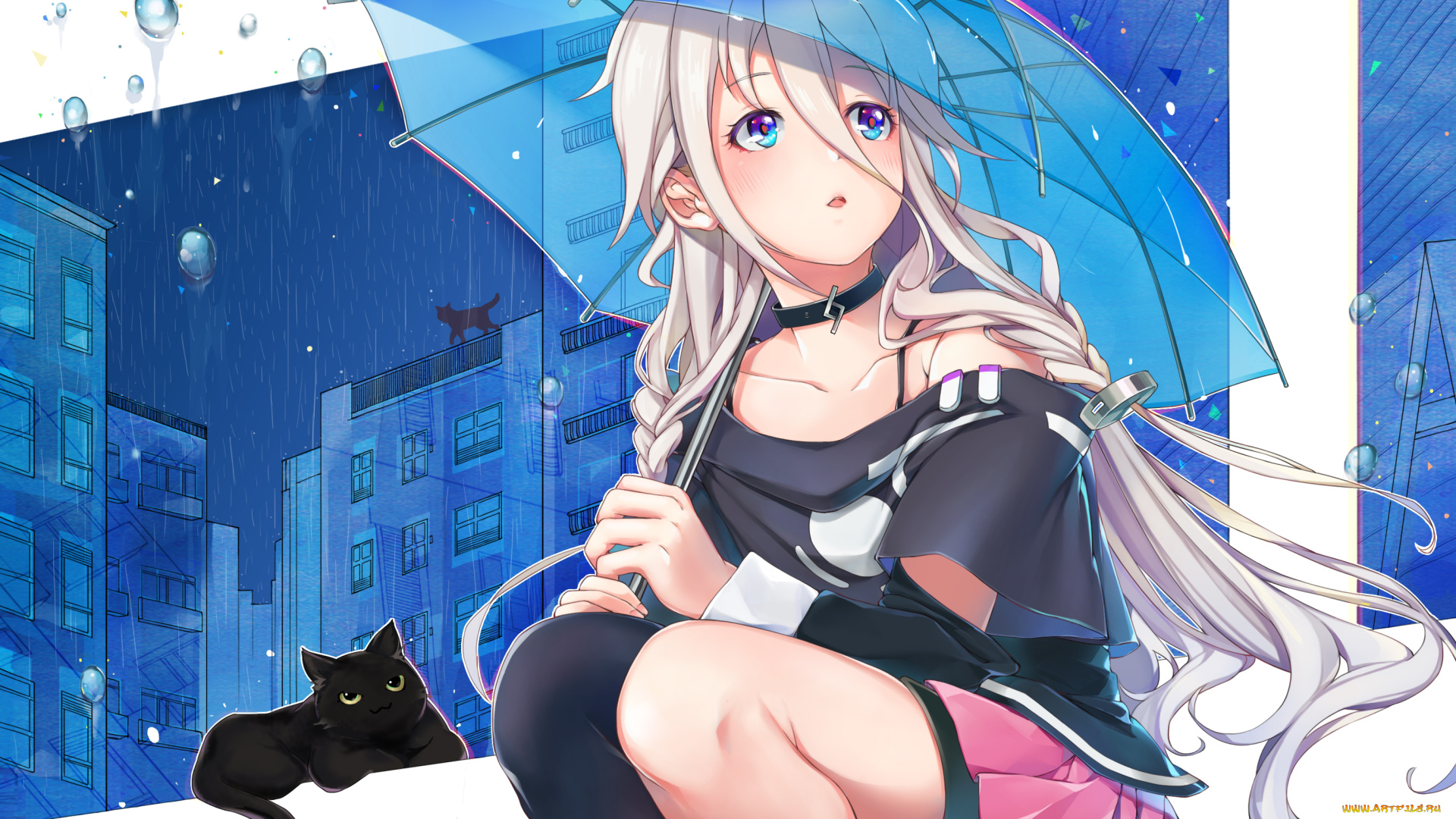 аниме, vocaloid, ночь, дождь, megumoke, зонт, коты, город, капли, ia, арт, девушка