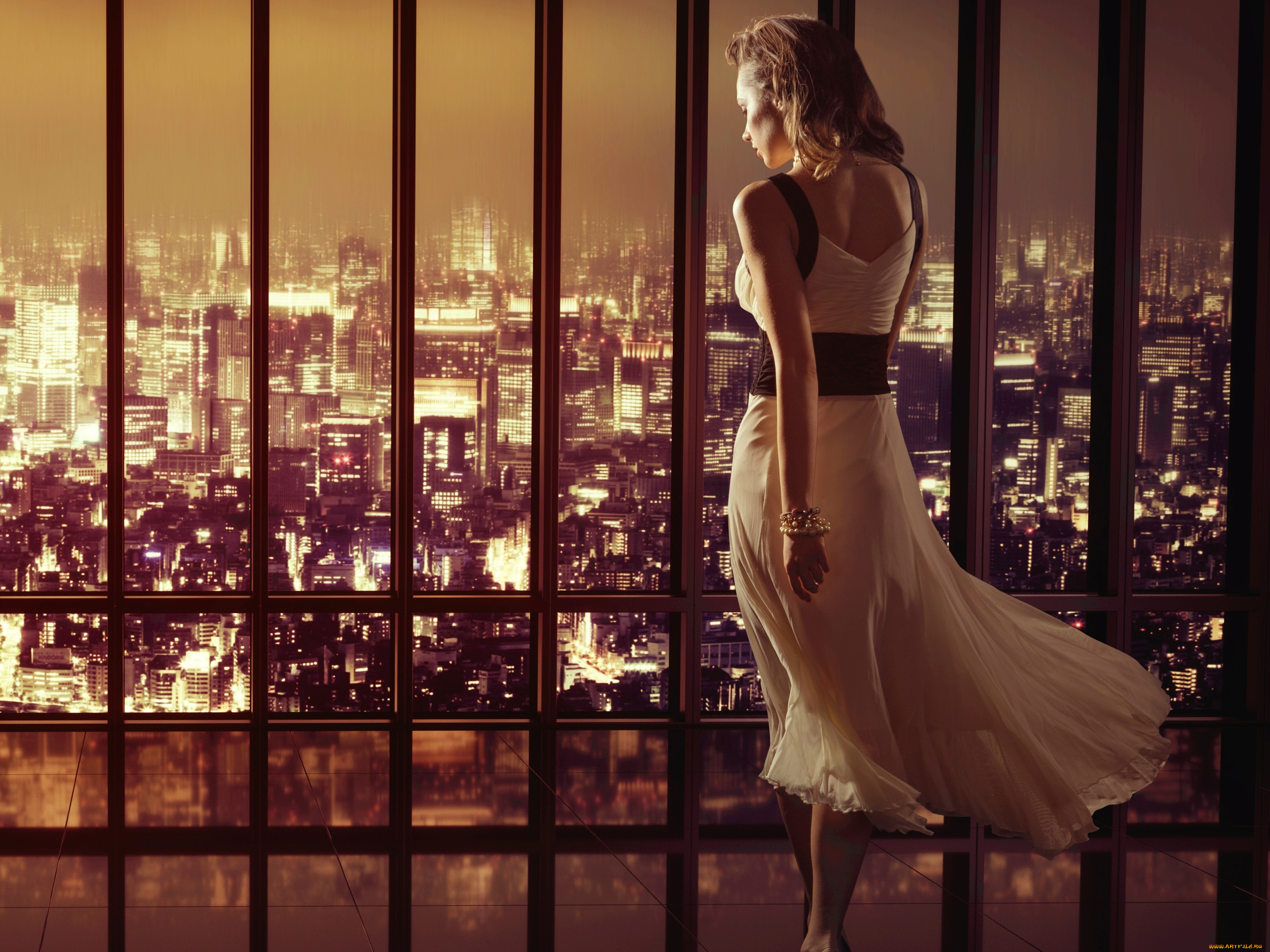 девушки, -unsort, , блондинки, платье, окно, ночной, город, здания, панорама