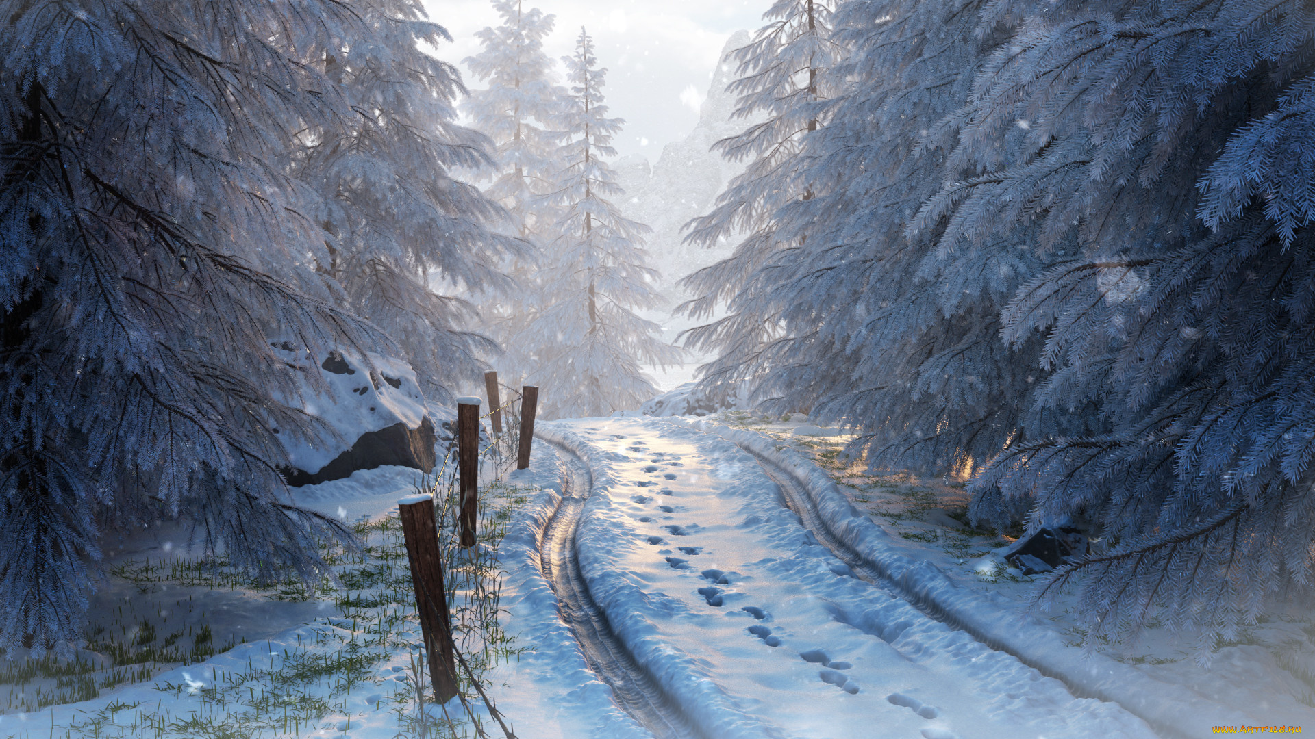рисованное, природа, следы, снег, дорога, зима