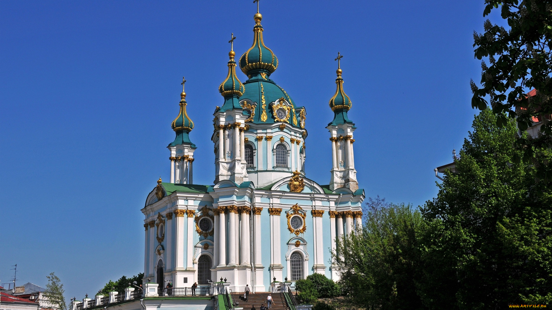 андреевская, церковь, киев, города, украина, кресты, купола, колонны