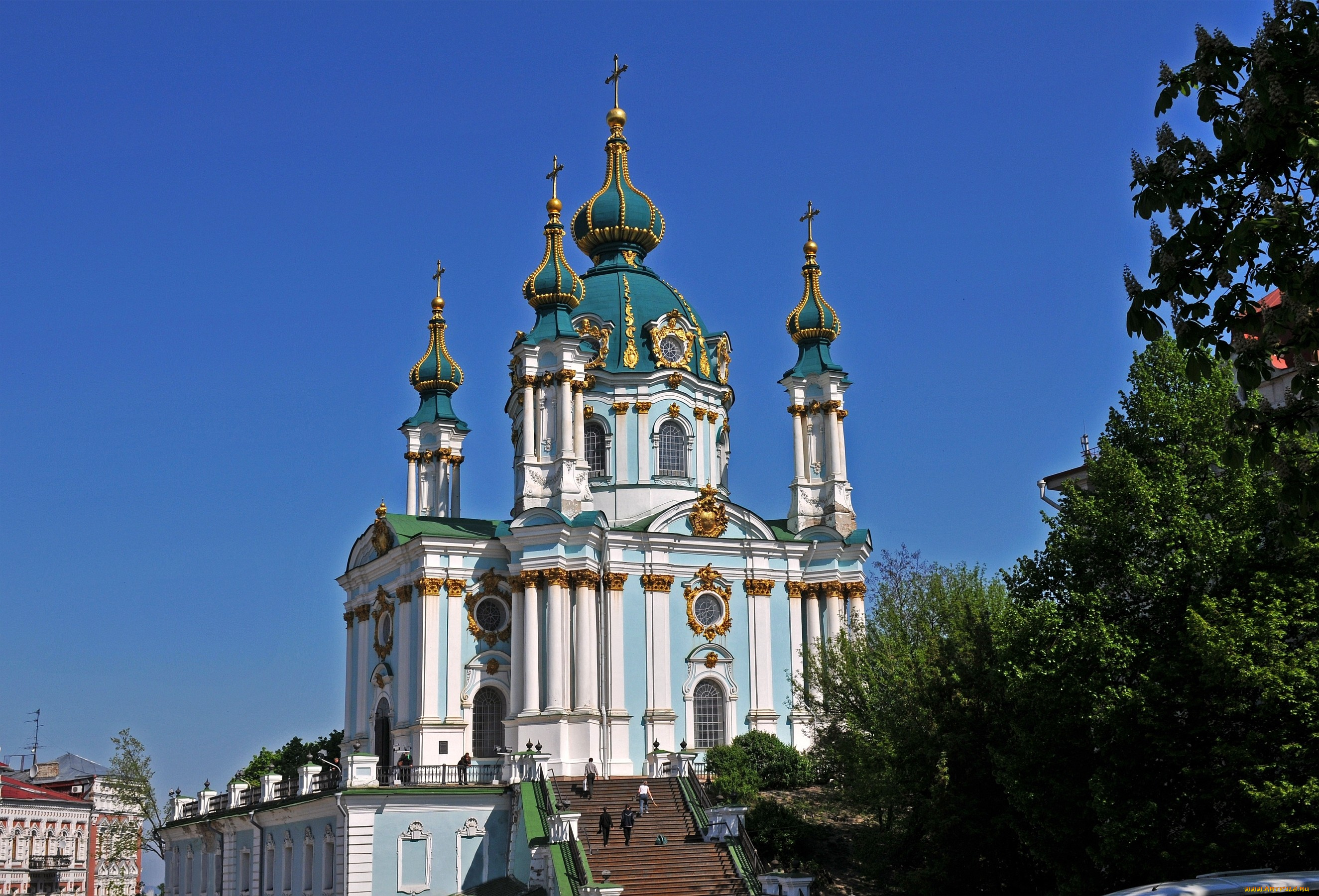 андреевская, церковь, киев, города, украина, кресты, купола, колонны