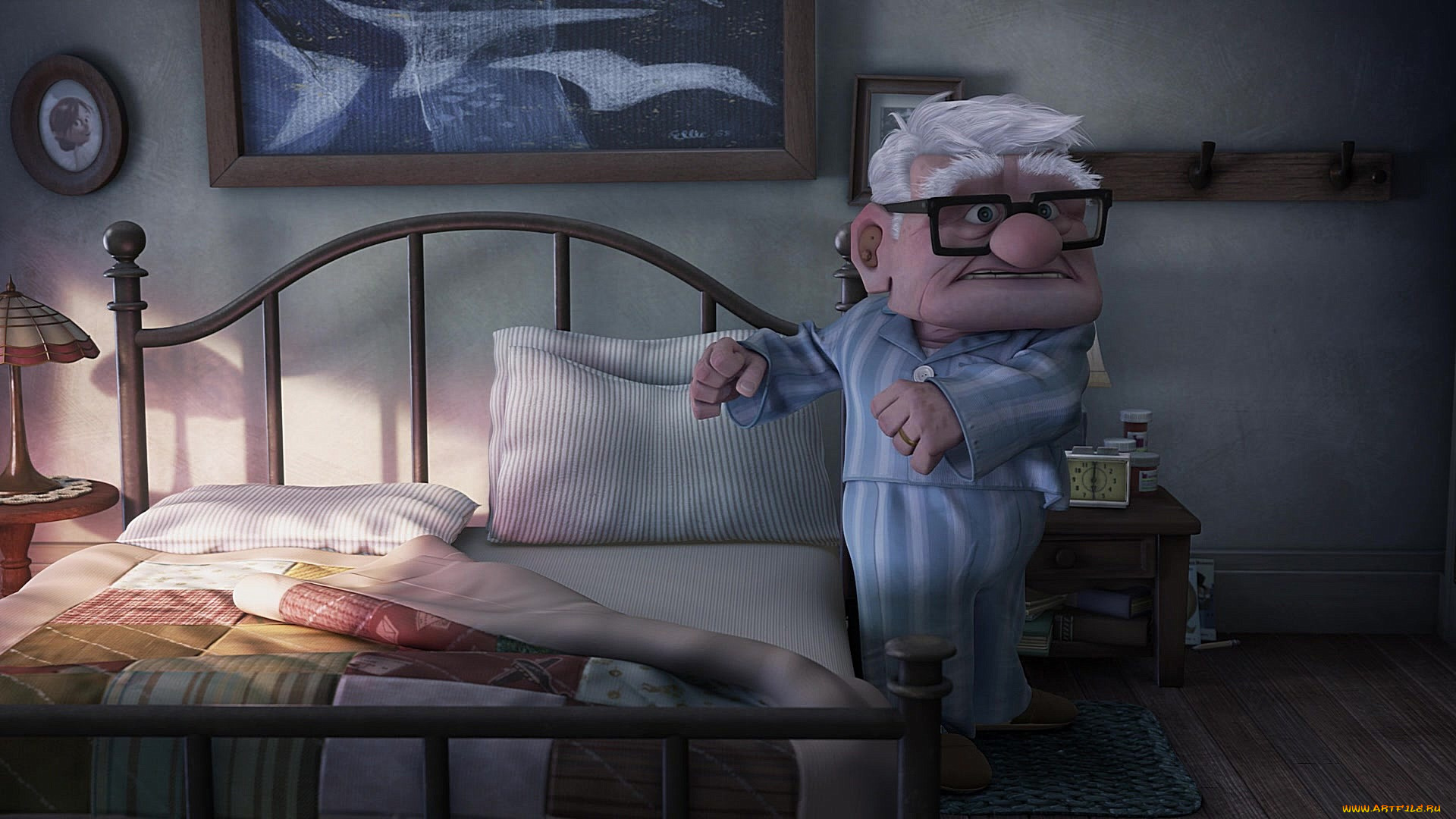 мультфильмы, up, дедушка, очки, картина, кровать, лампа, пижама