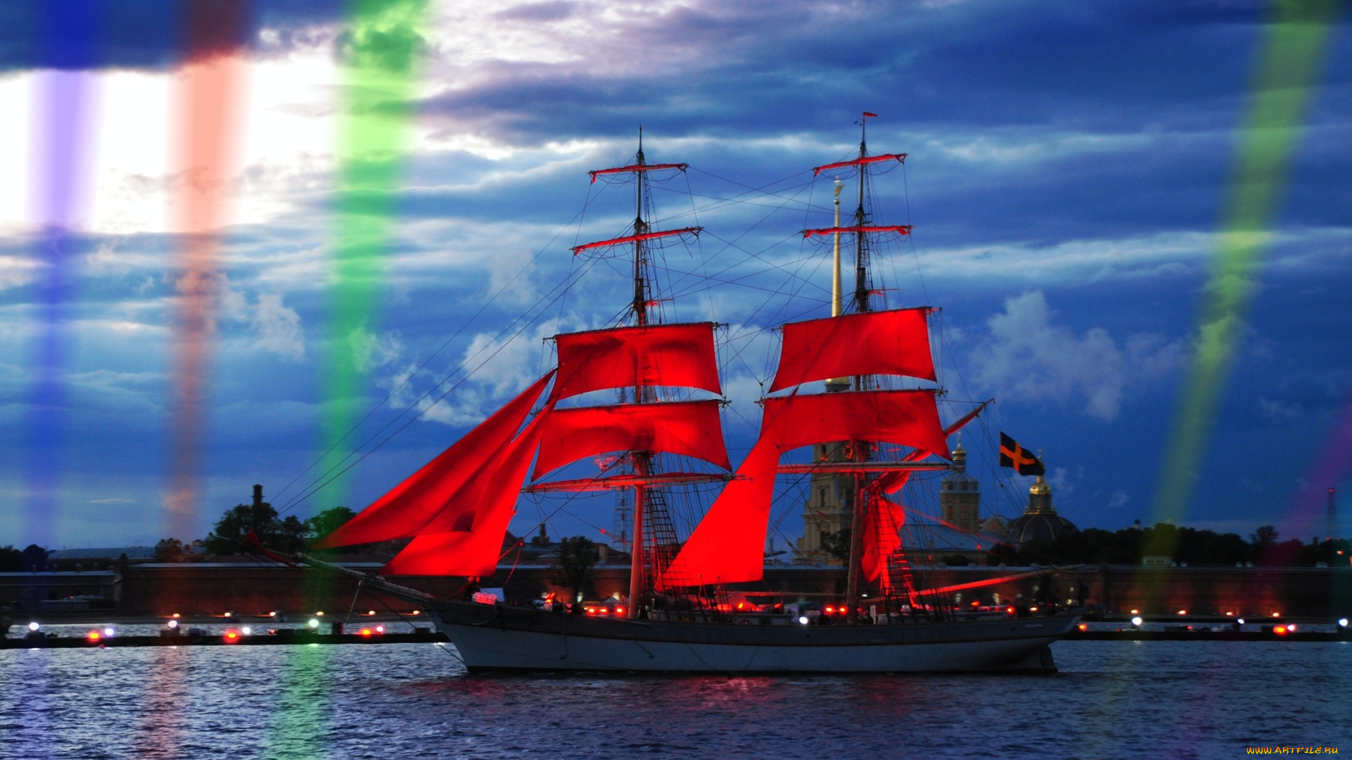 с-петербург, корабли, парусники, водоем, освещение, красные, паруса