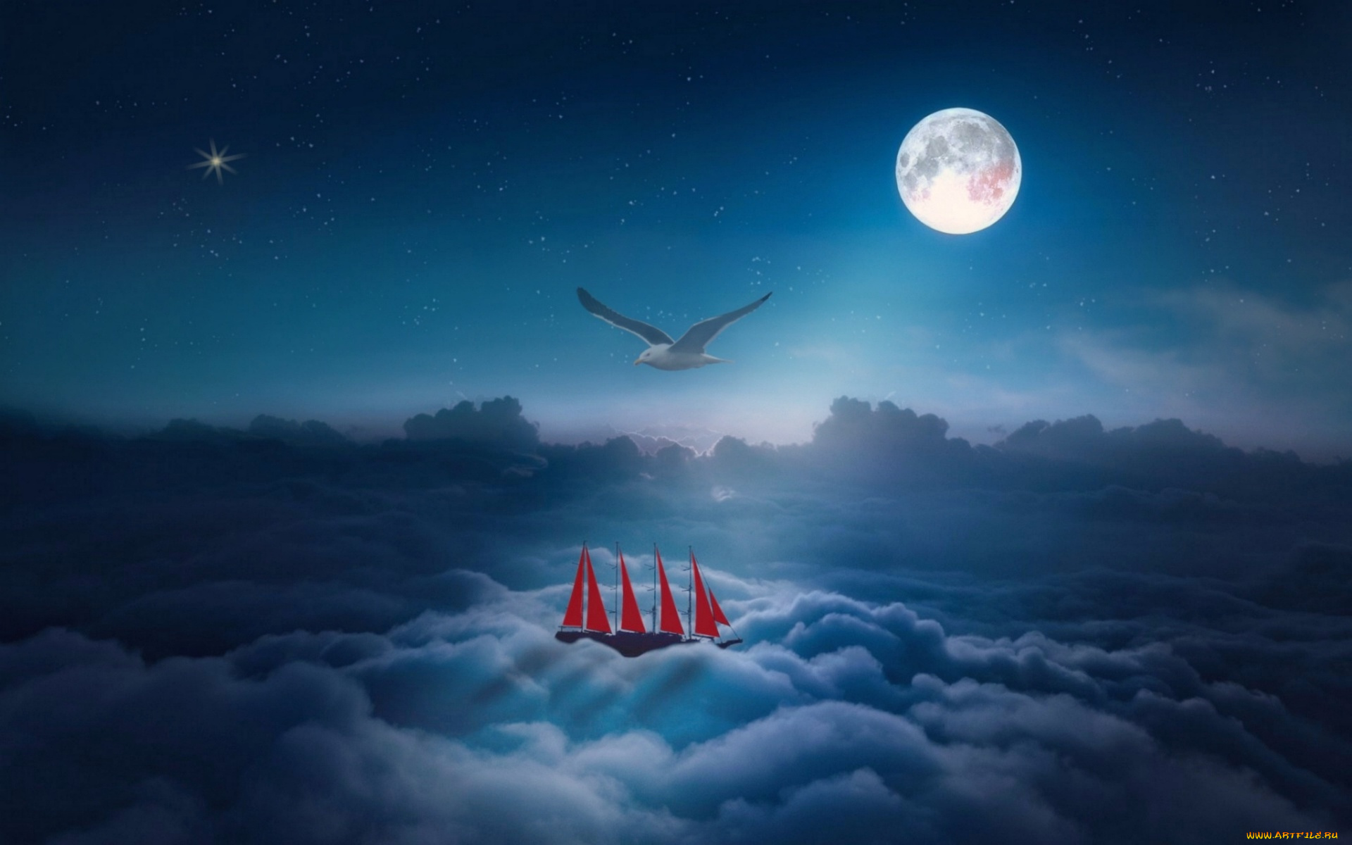 корабли, рисованные, парусник, облака, птица, луна, месяц