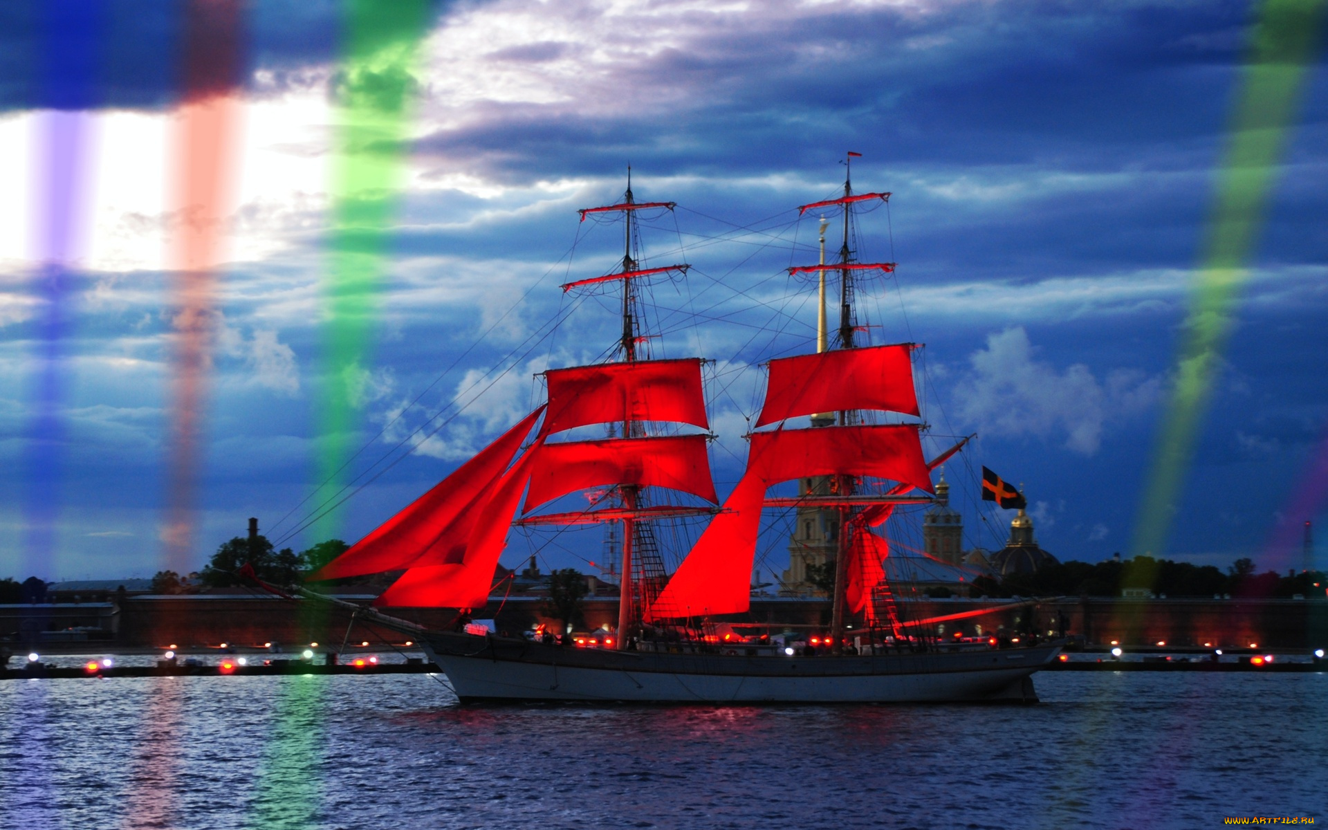 с-петербург, корабли, парусники, водоем, освещение, красные, паруса