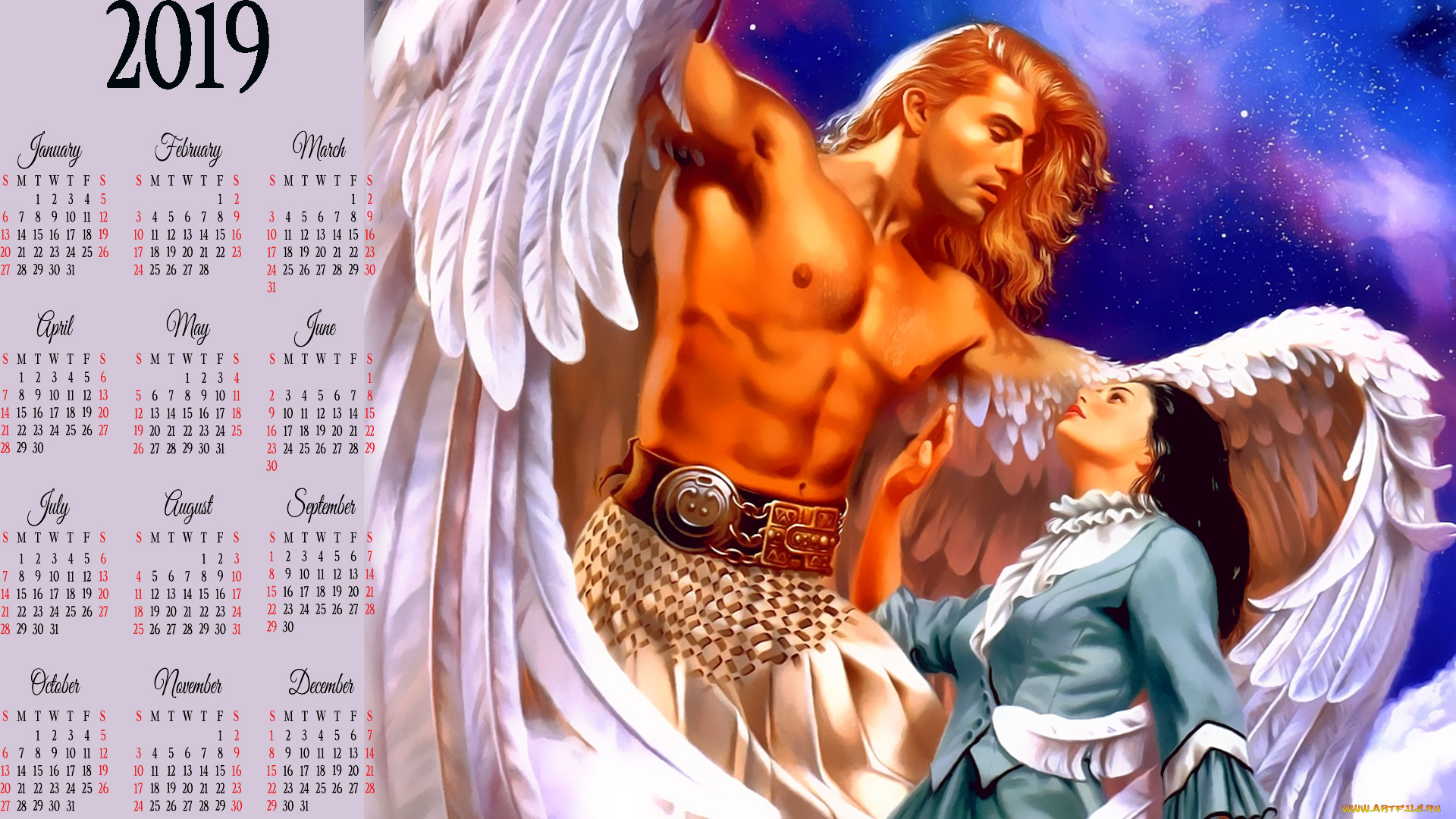 календари, фэнтези, женщина, девушка, ангел, мужчина, крылья, calendar, 2019