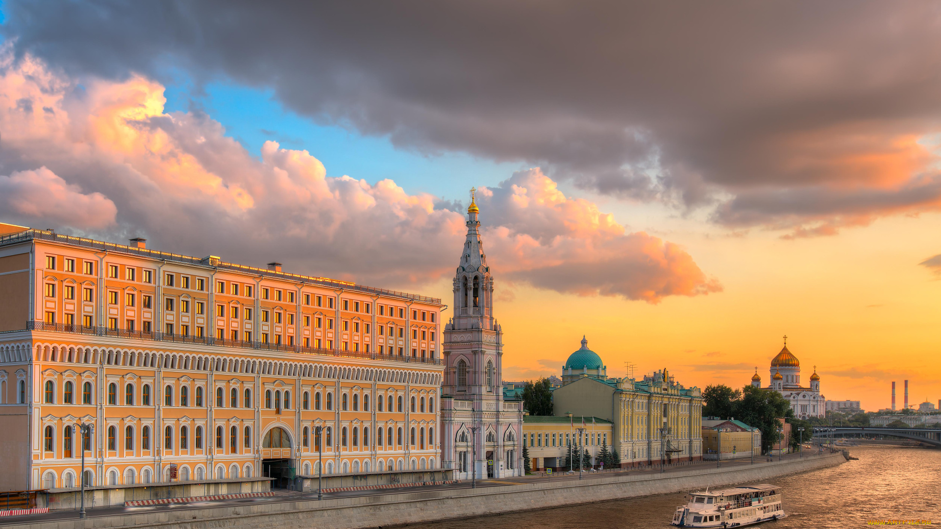 города, москва, , россия, набeрeжная, храм, христа, спасителя, москва, канал, здания, закат, городская, застройка