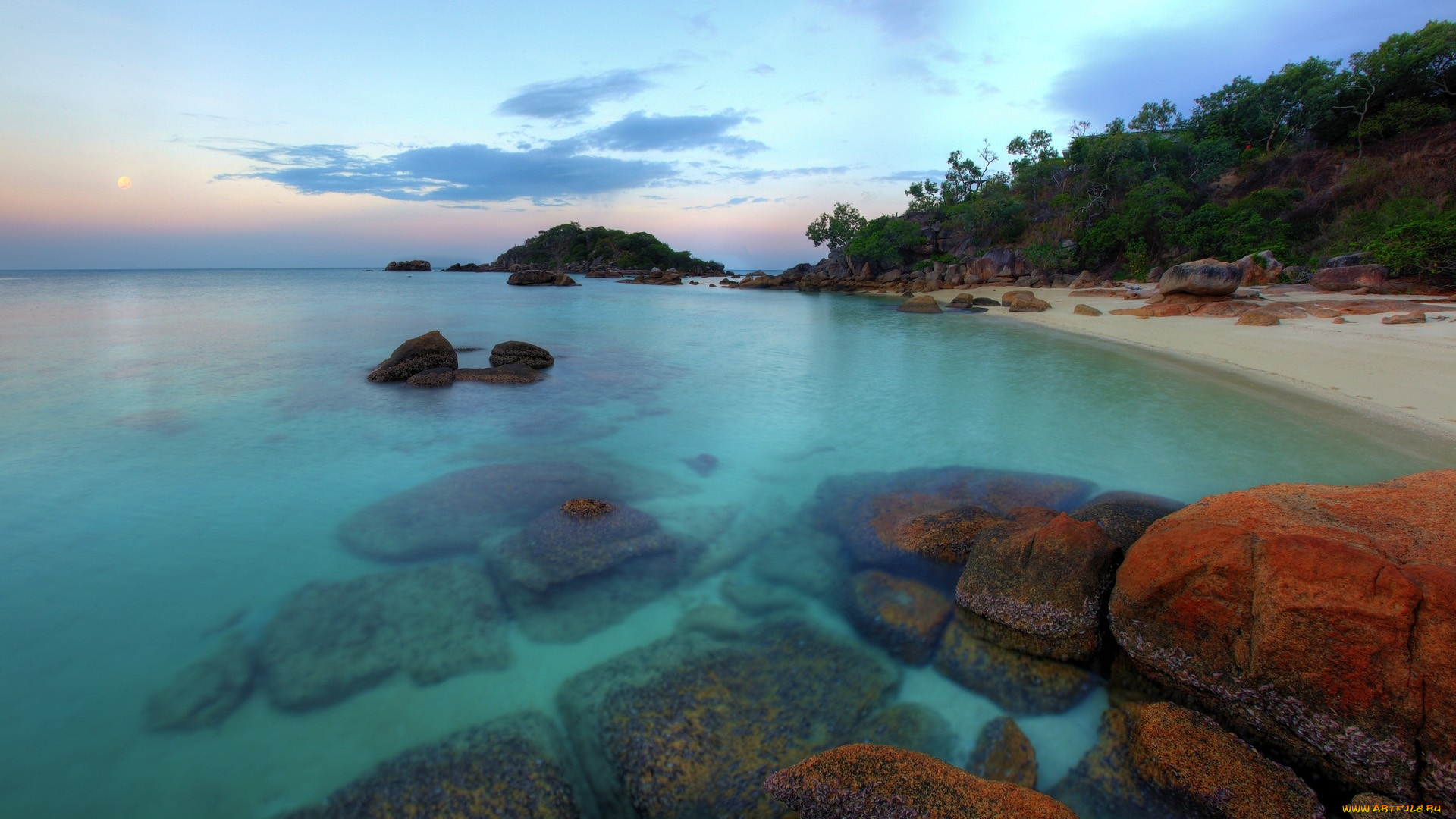 nice, bach, in, australia, at, sundown, природа, побережье, австралия, камни, пляж, океан