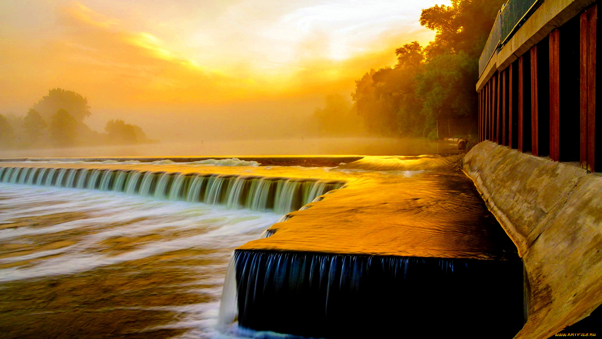 river, flow, at, sunset, природа, водопады, река, дамба, утро, водопад