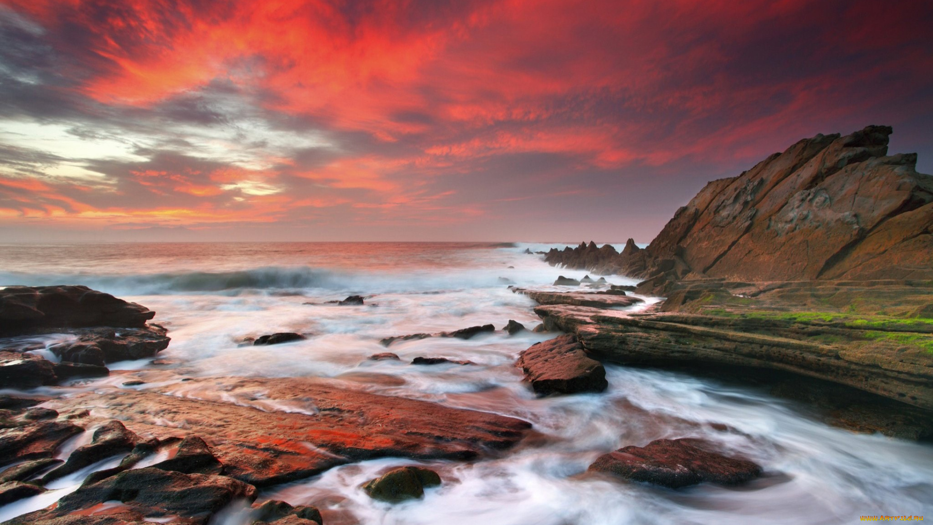 sunset, природа, побережье, океан, закат, камни, скалы, волны