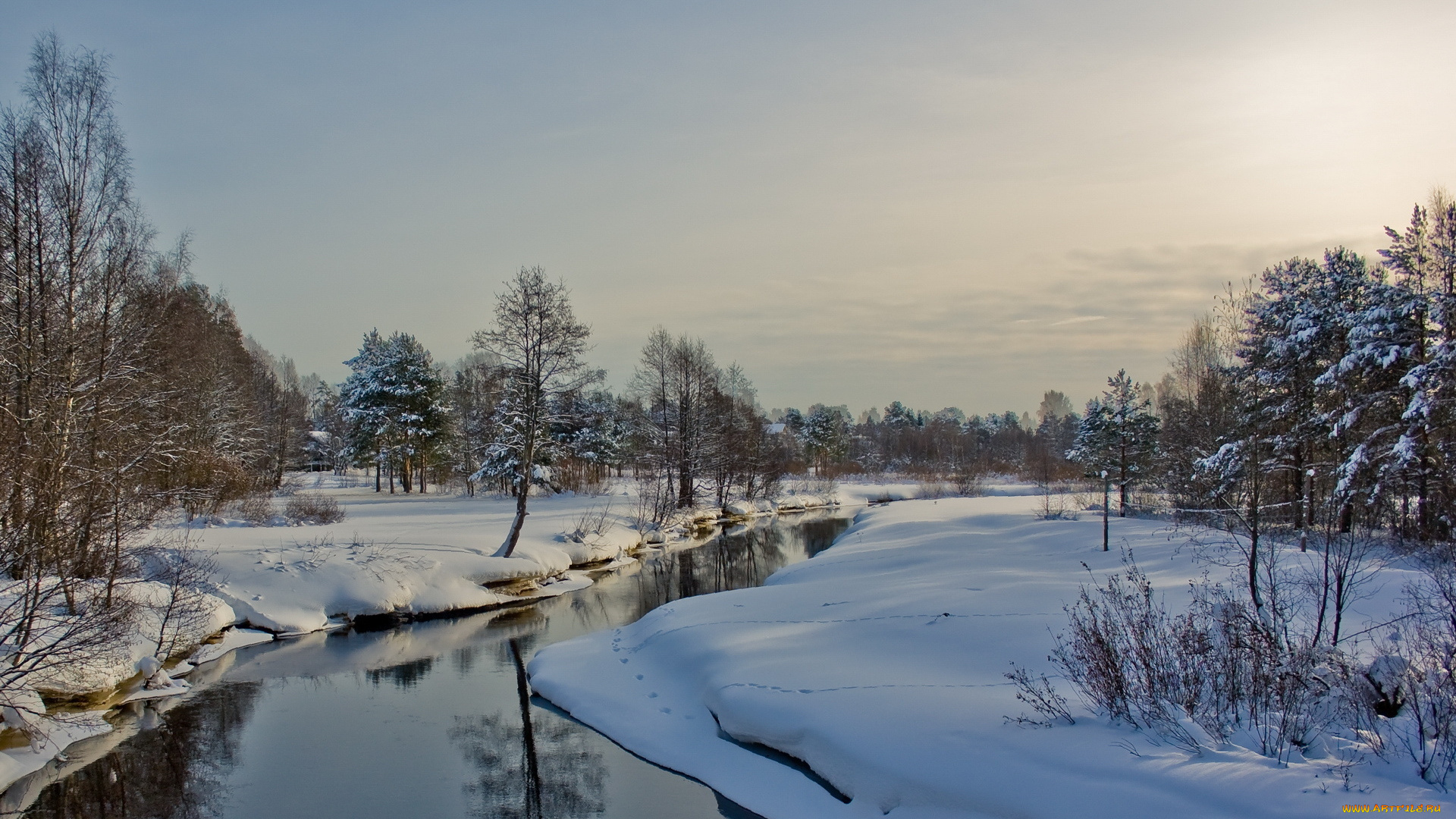 winter, природа, зима, утро, река, деревья, снег
