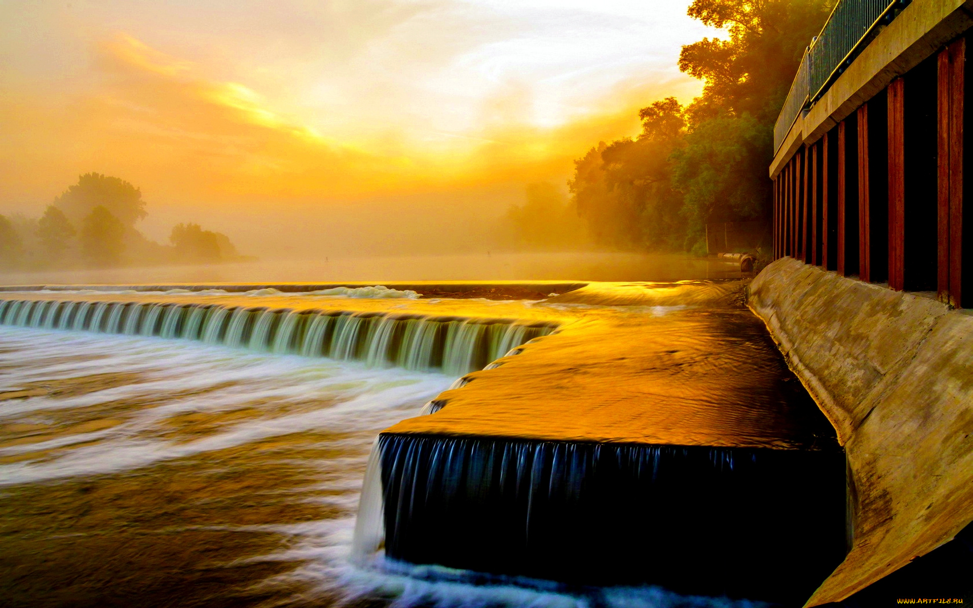 river, flow, at, sunset, природа, водопады, река, дамба, утро, водопад