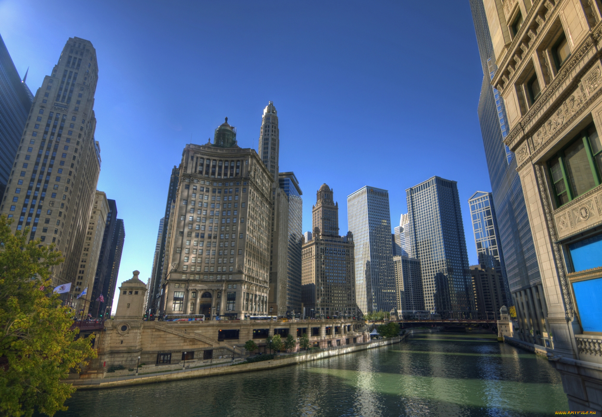 cityfront, center, chicago, illinois, города, Чикаго, сша, мост, здания, небоскрёбы, набережная, река