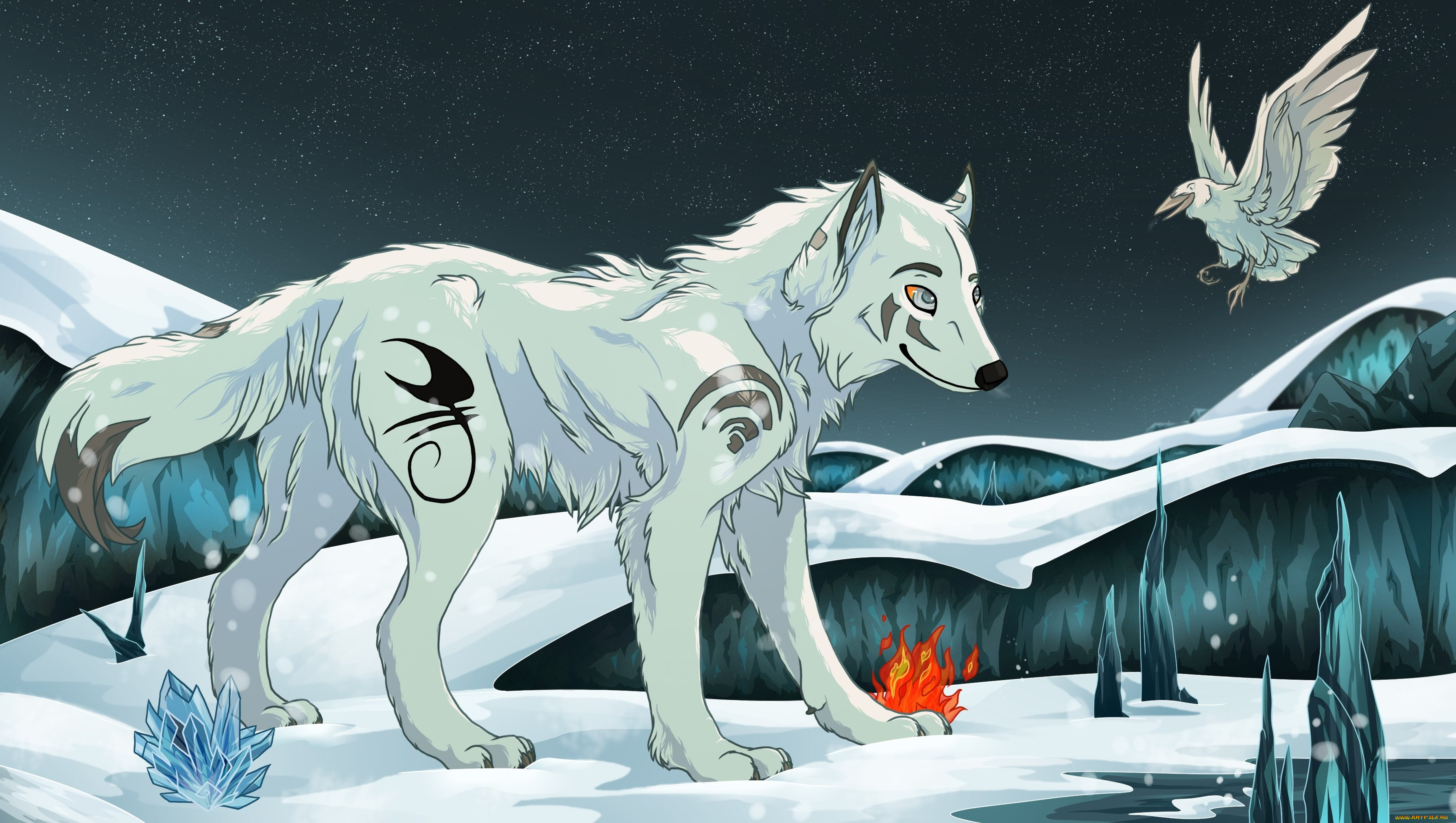 рисованное, животные, , сказочные, , мифические, огонь, ворона, волк, снег, природа