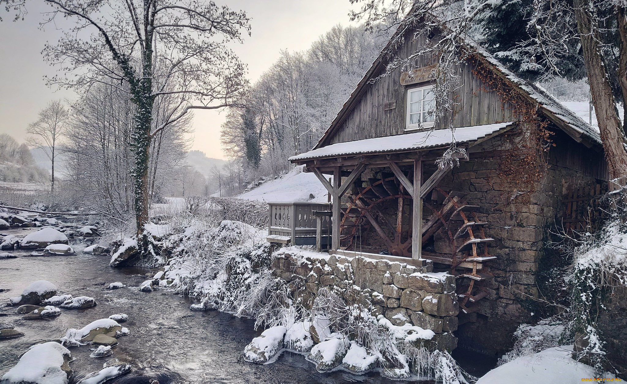 разное, мельницы, река, зима, мельница, снег