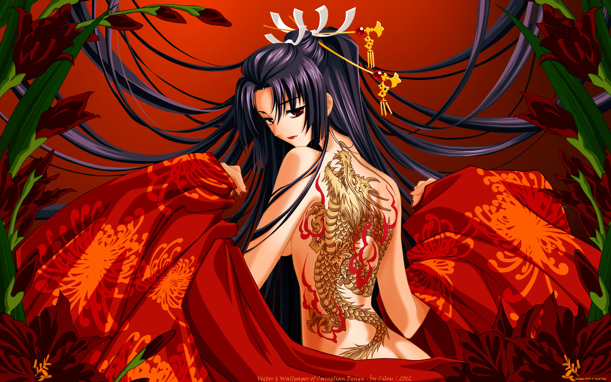 аниме, *unknown, другое, татуировка, спицы, девушка, кимоно, цветы, дракон