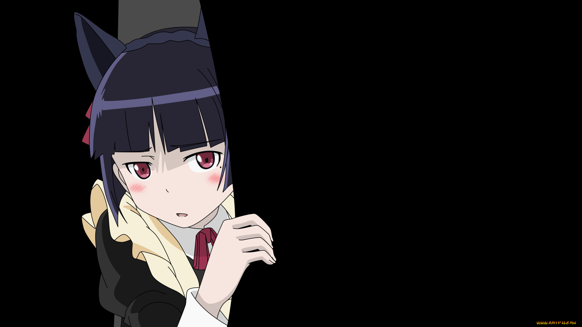 аниме, oreimo, девушка, ушки, взгляд, брюнетка, чёрный, фон, ruri, gokou