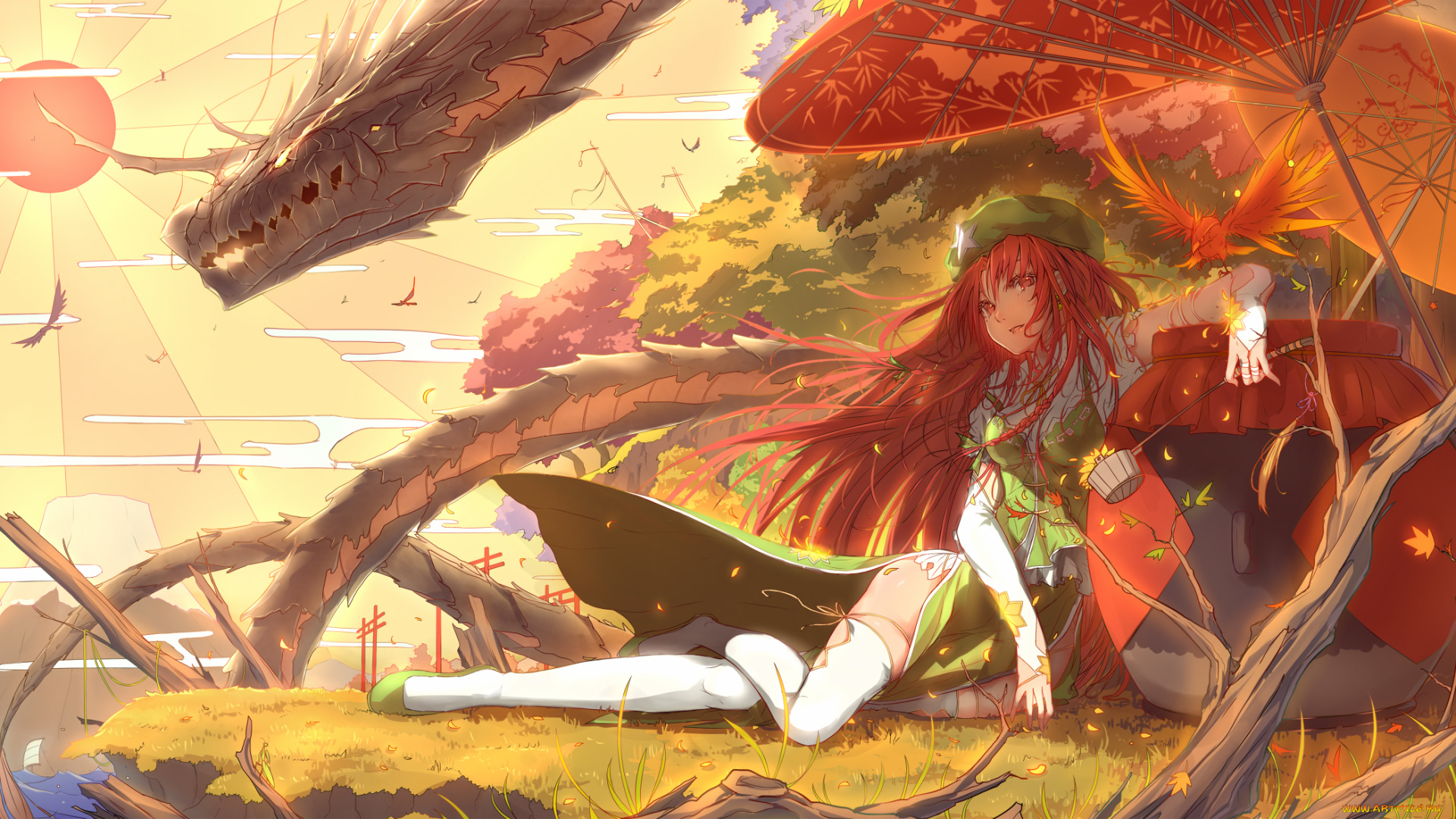 аниме, touhou, девушка, тоухоу, hong, meiling, дракон, арт