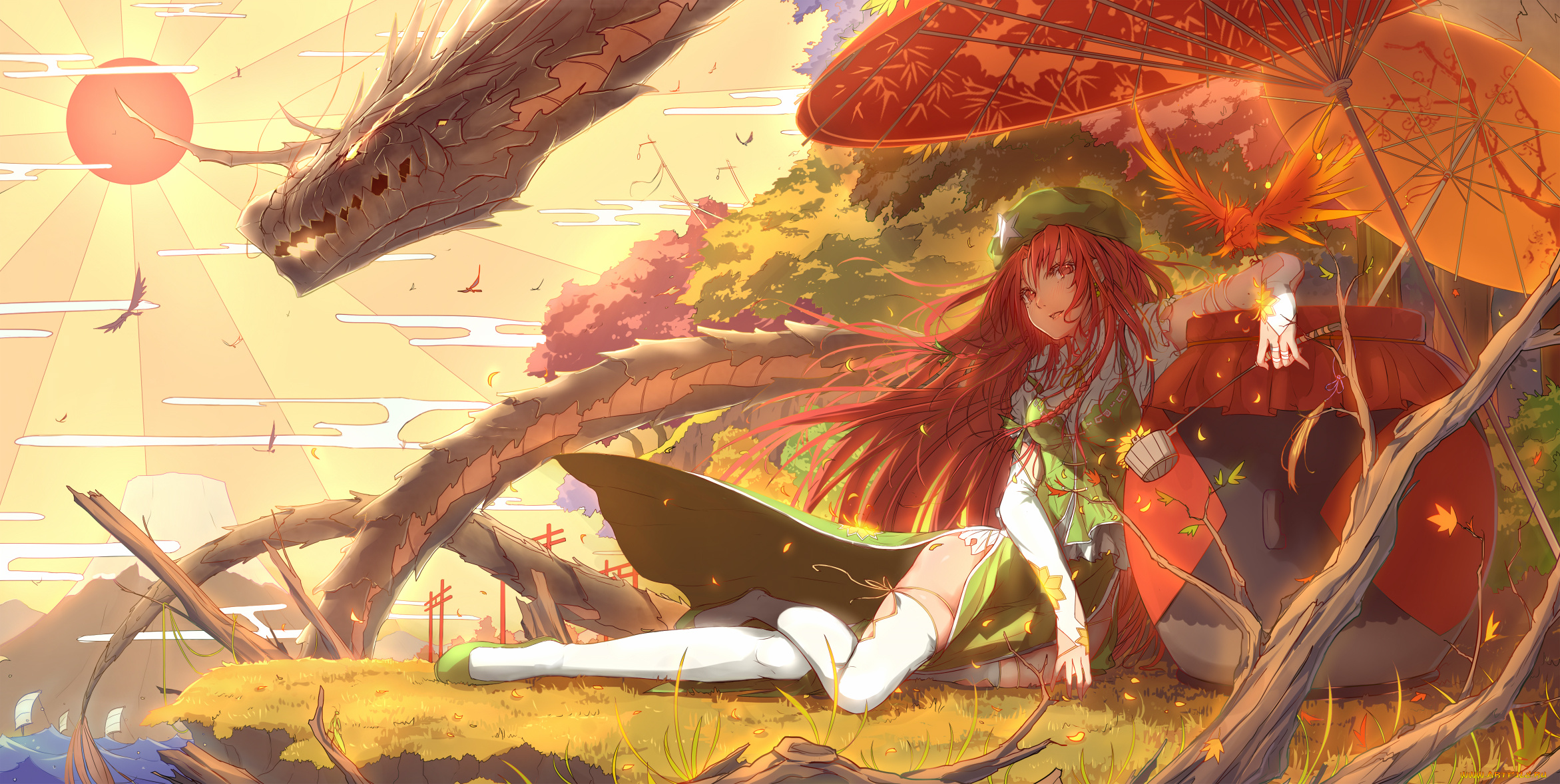 аниме, touhou, девушка, тоухоу, hong, meiling, дракон, арт