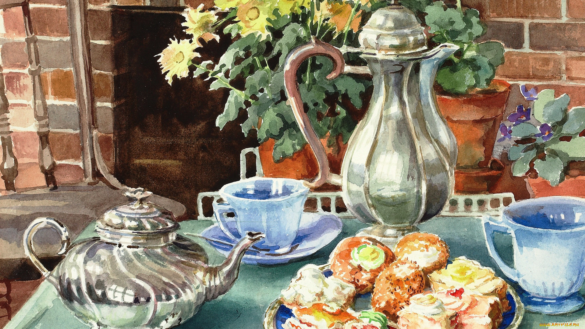 рисованное, живопись, стол, стул, пирожные, чайник, чашки, кувшин, цветы