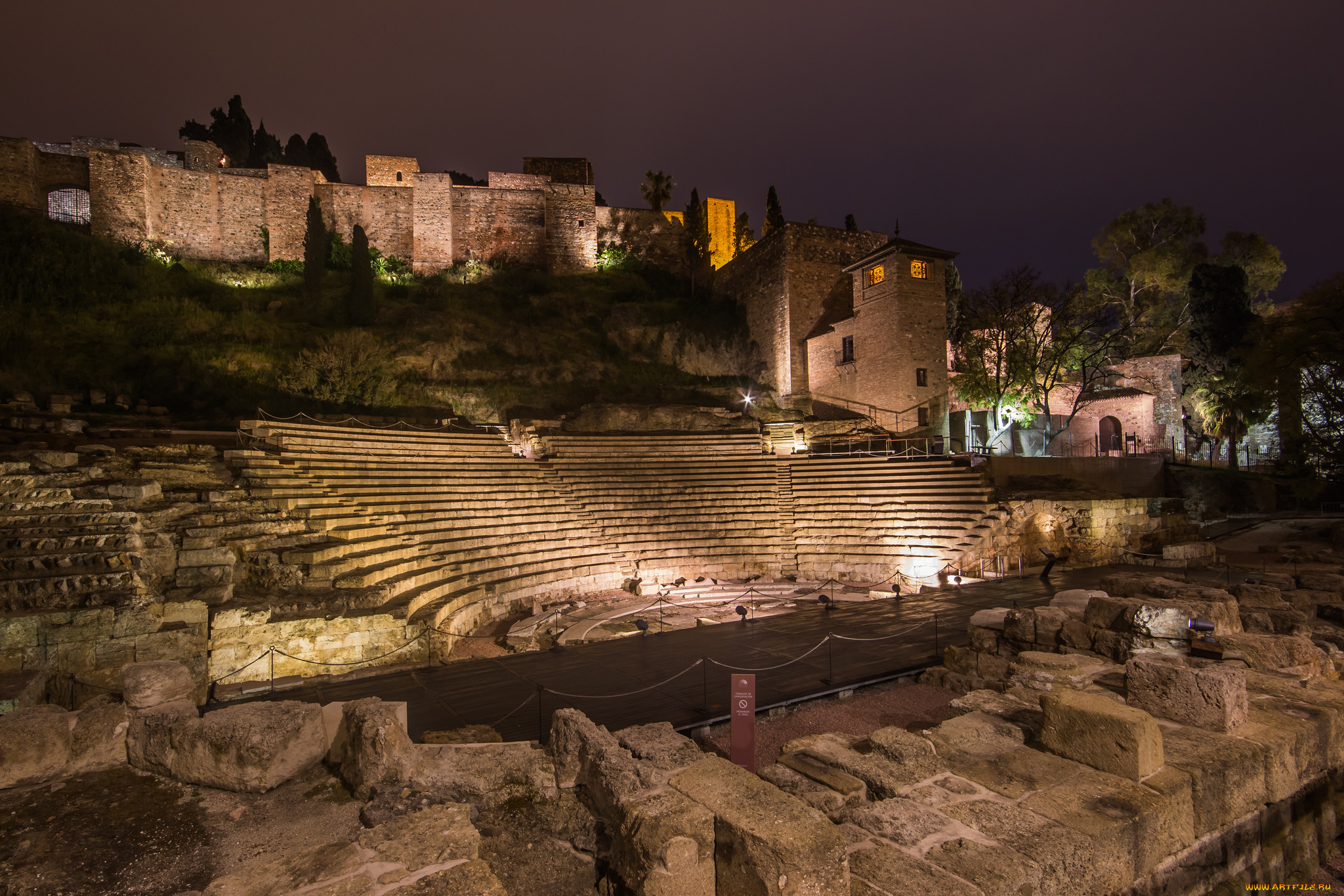 roman, theater, , malaga, города, -, другое, антик, амфитеатр, ночь