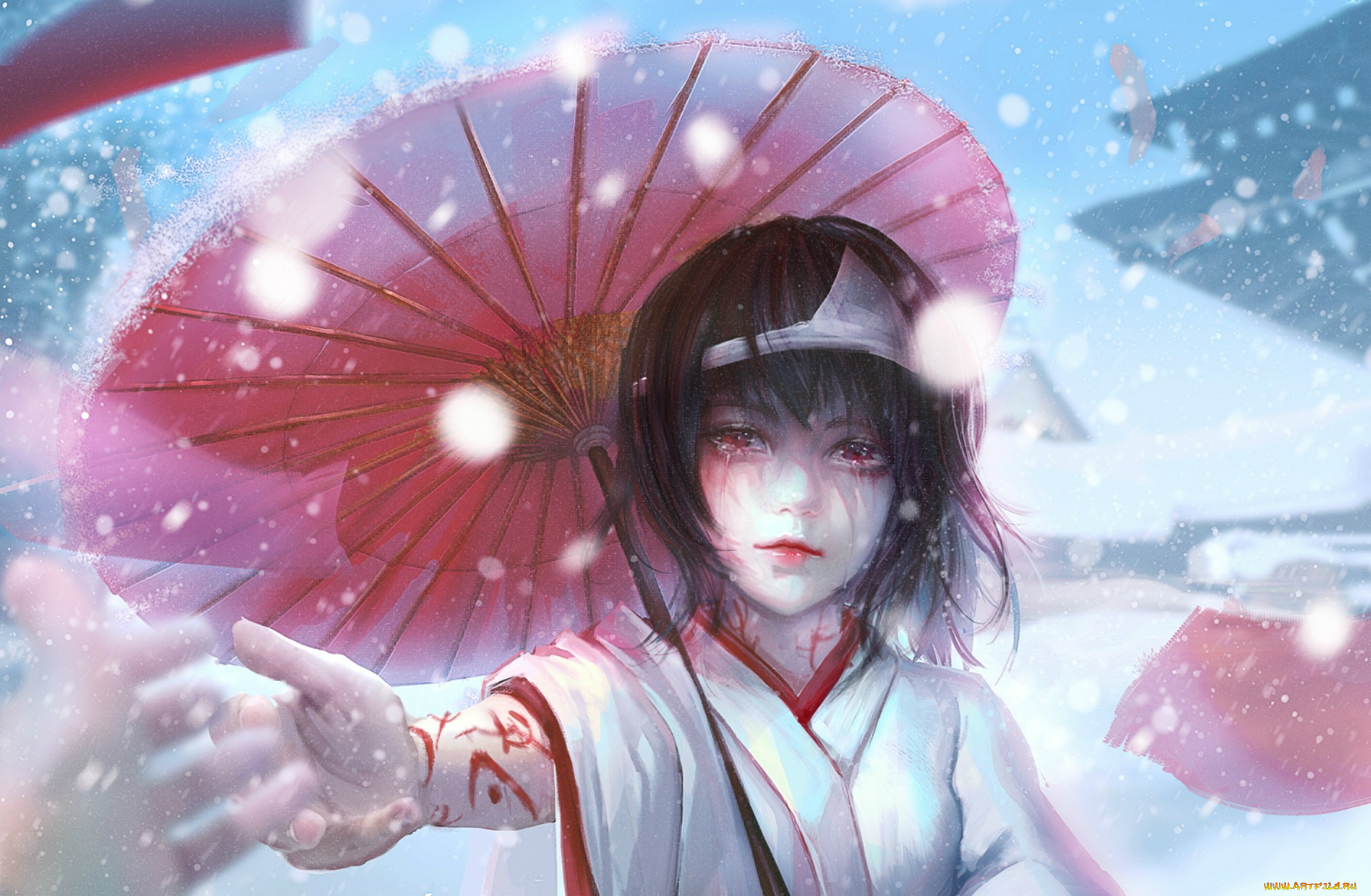 аниме, noragami, sangrode, слезы, ёкай, зонт, руки, nora, art, кимоно, снег, бездомный, бог